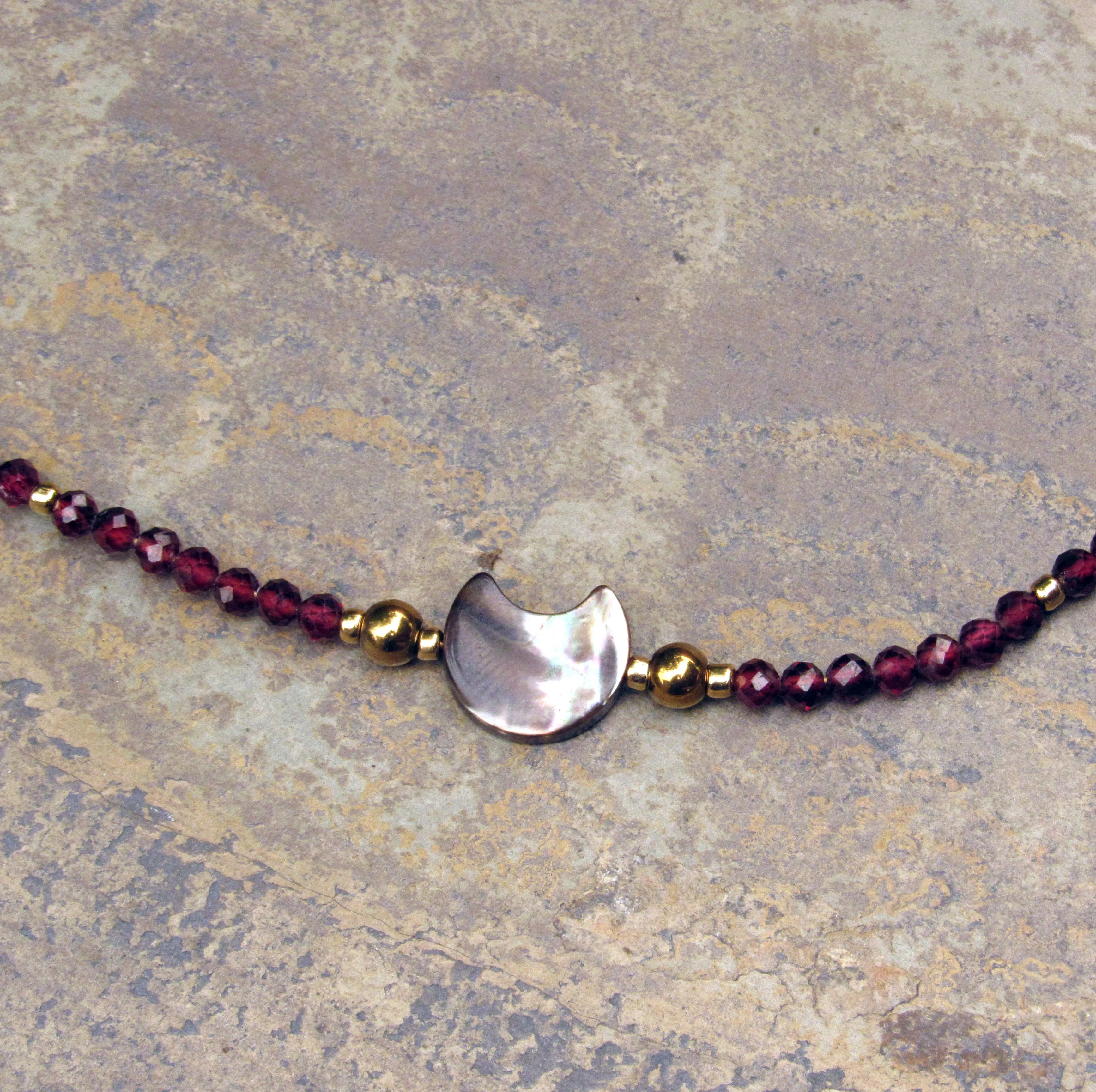 Mother of pearl moon choker with Garnet and Gold Hematite, and 14 kt GF Components