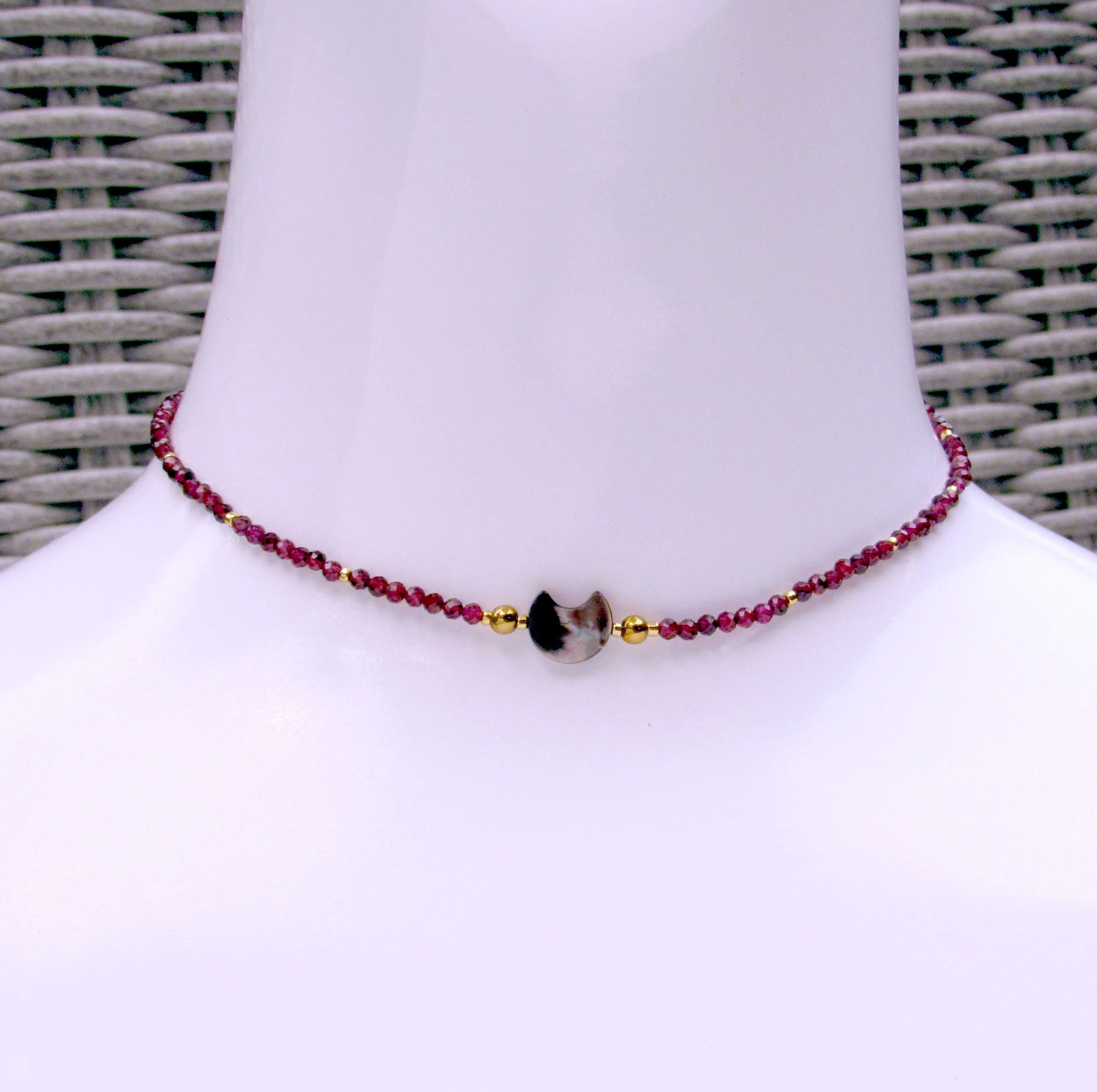 Mother of pearl moon choker with Garnet and Gold Hematite, and 14 kt GF Components