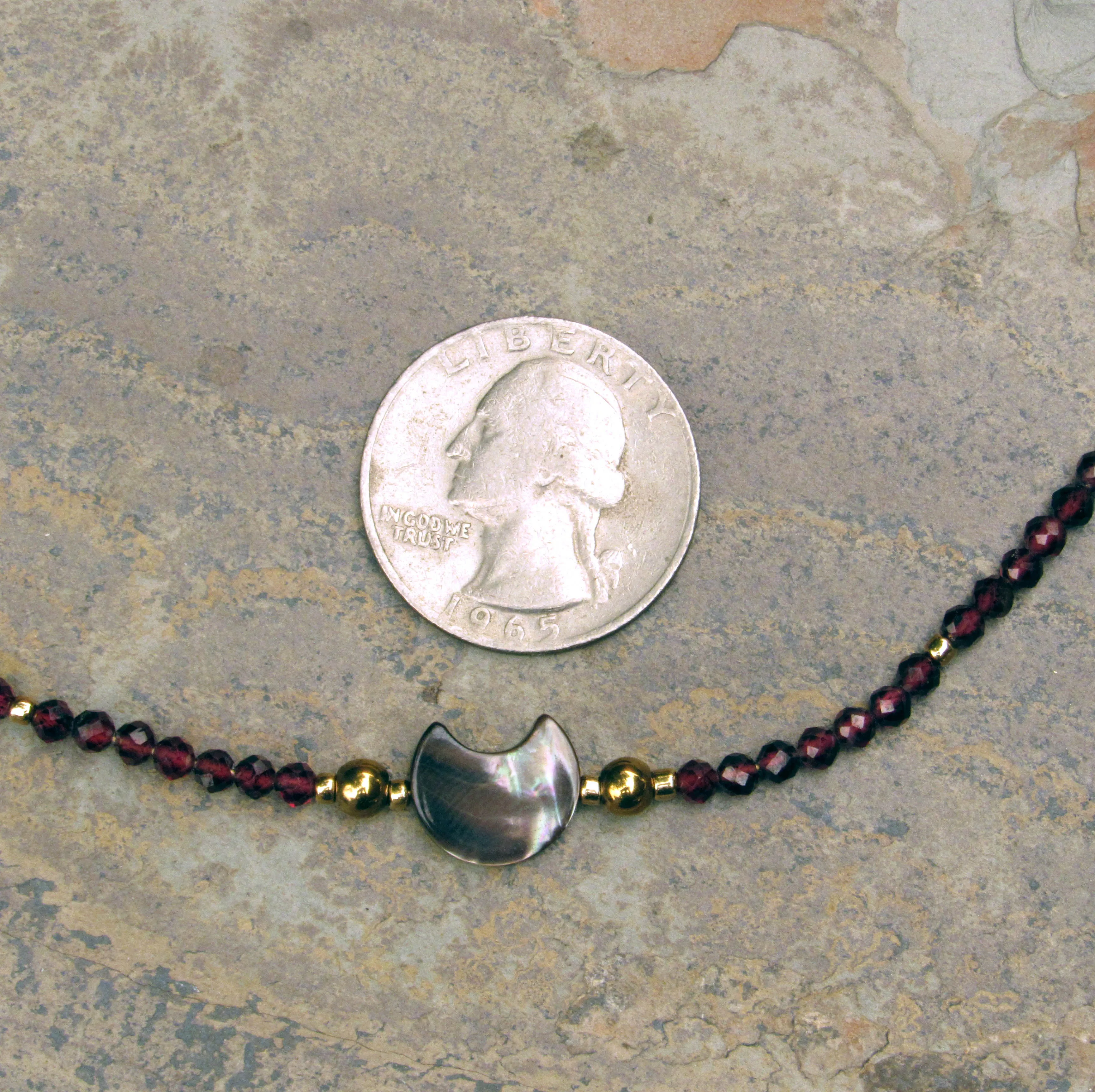 Mother of pearl moon choker with Garnet and Gold Hematite, and 14 kt GF Components