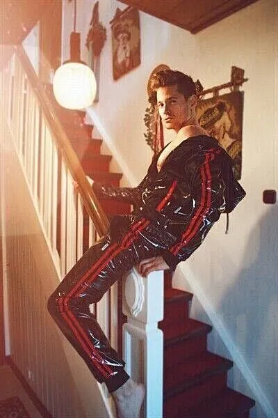 MR. RIEGILLIO PVC Tracksuit Pants With Two Side Pockets & Red Stripes