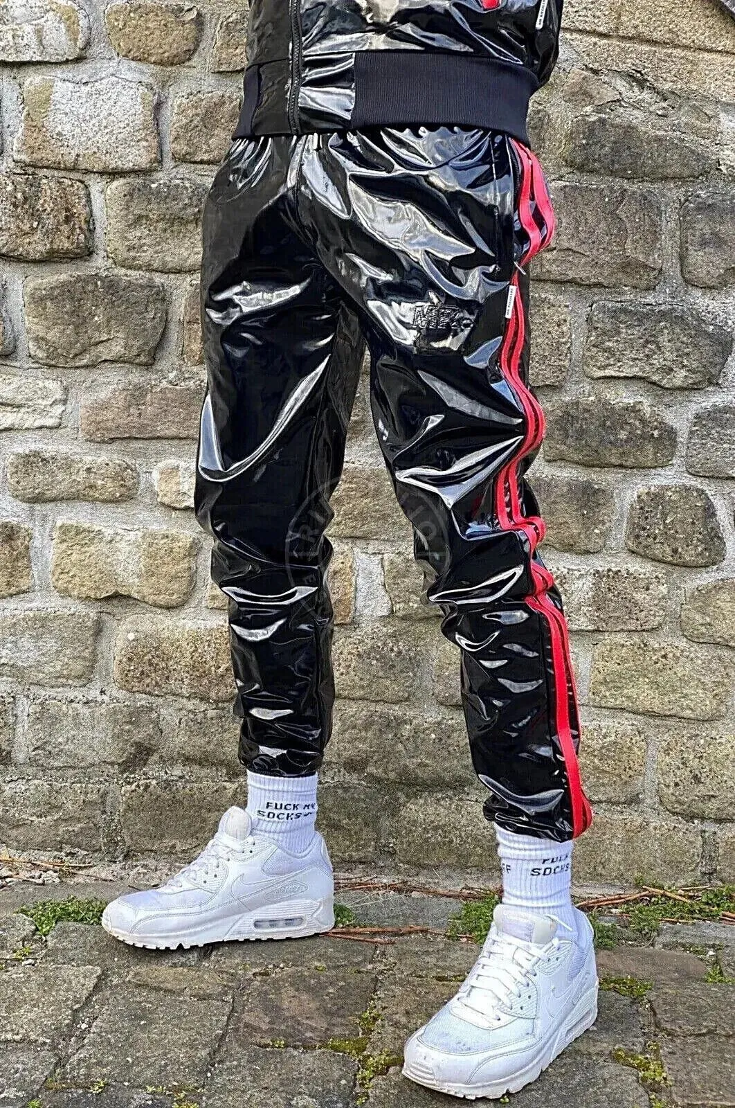 MR. RIEGILLIO PVC Tracksuit Pants With Two Side Pockets & Red Stripes