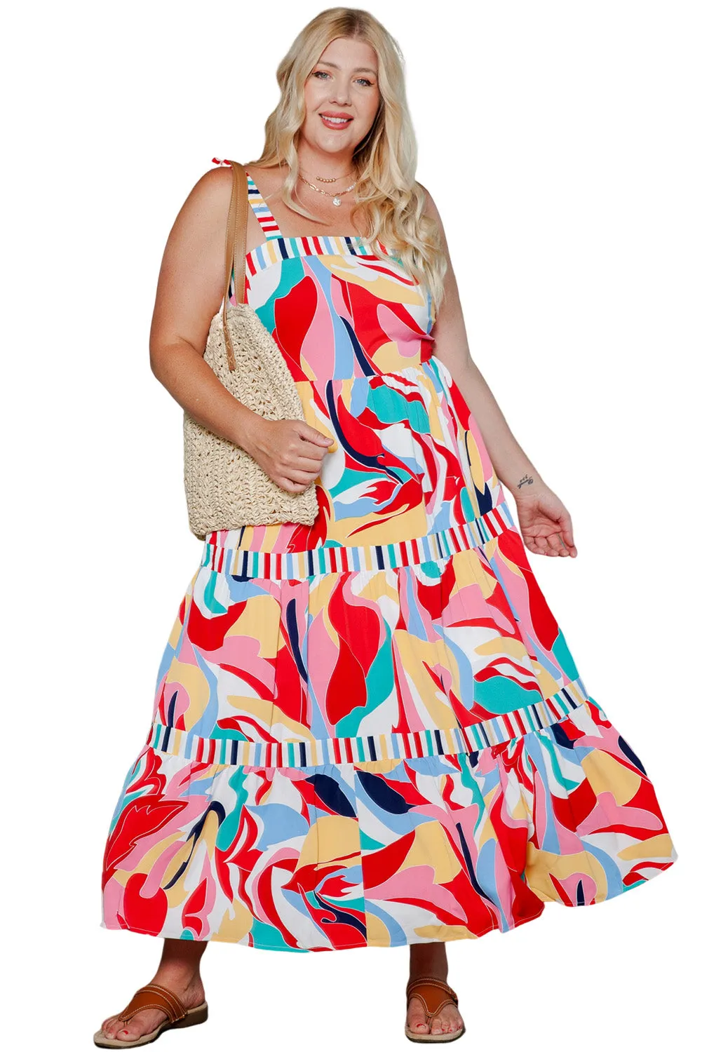 Multicolor Bohemian Abstract Print Tie Straps Maxi Dress