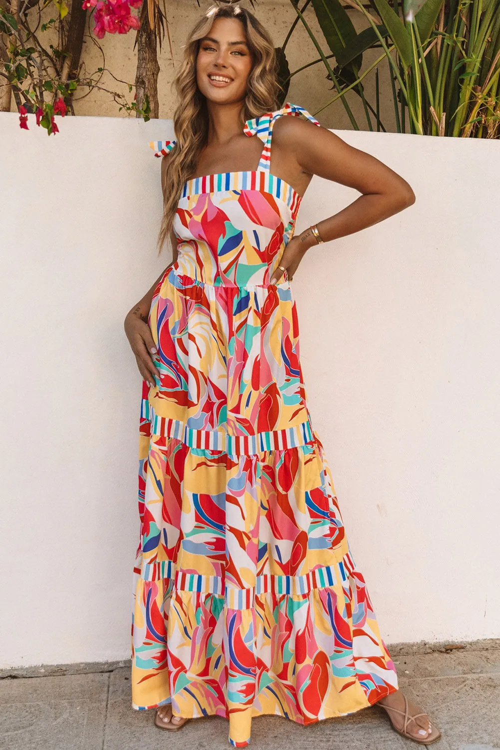 Multicolor Bohemian Abstract Print Tie Straps Maxi Dress