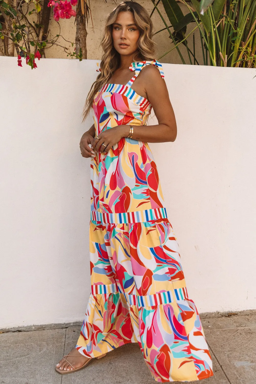 Multicolor Bohemian Abstract Print Tie Straps Maxi Dress