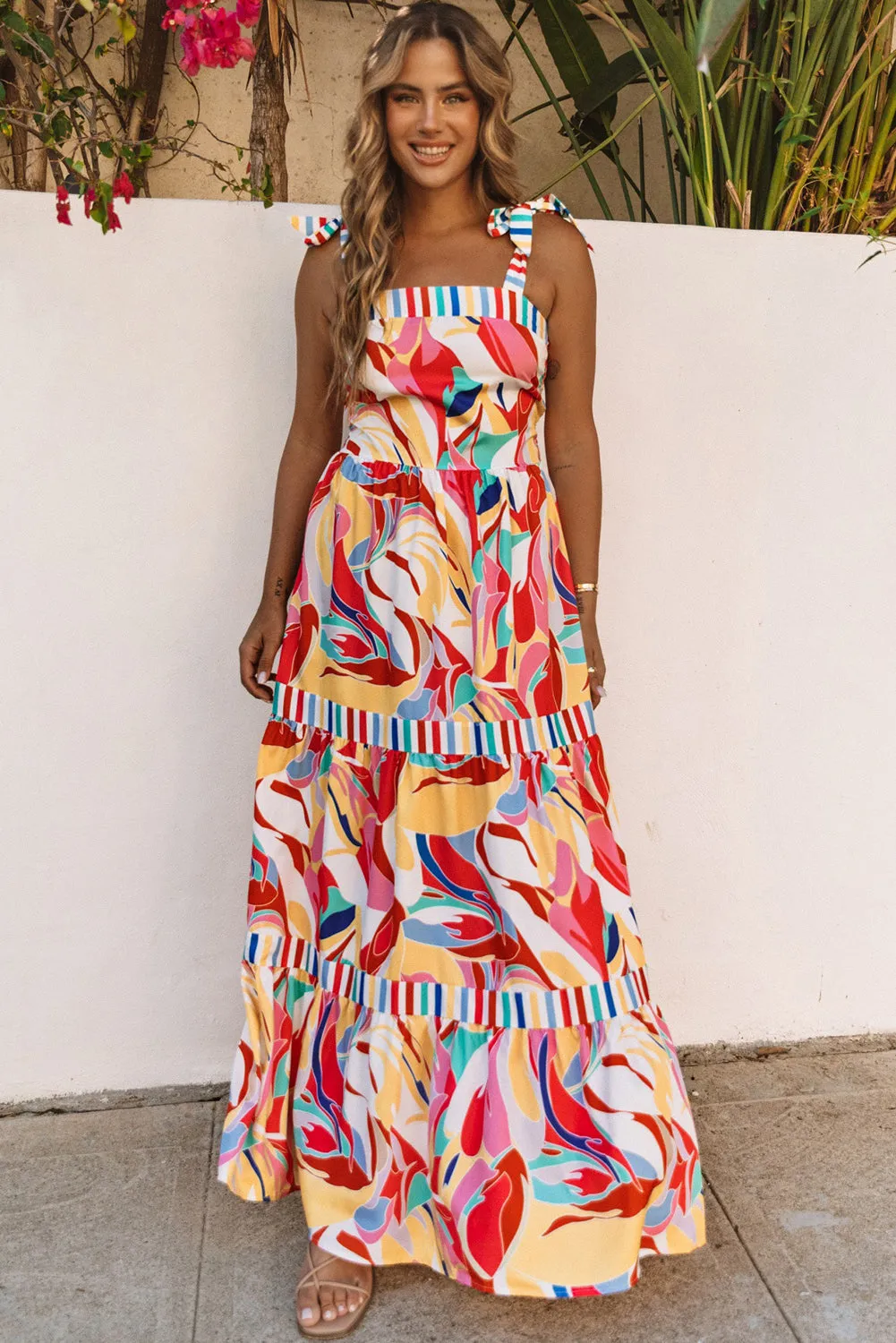 Multicolor Bohemian Abstract Print Tie Straps Maxi Dress