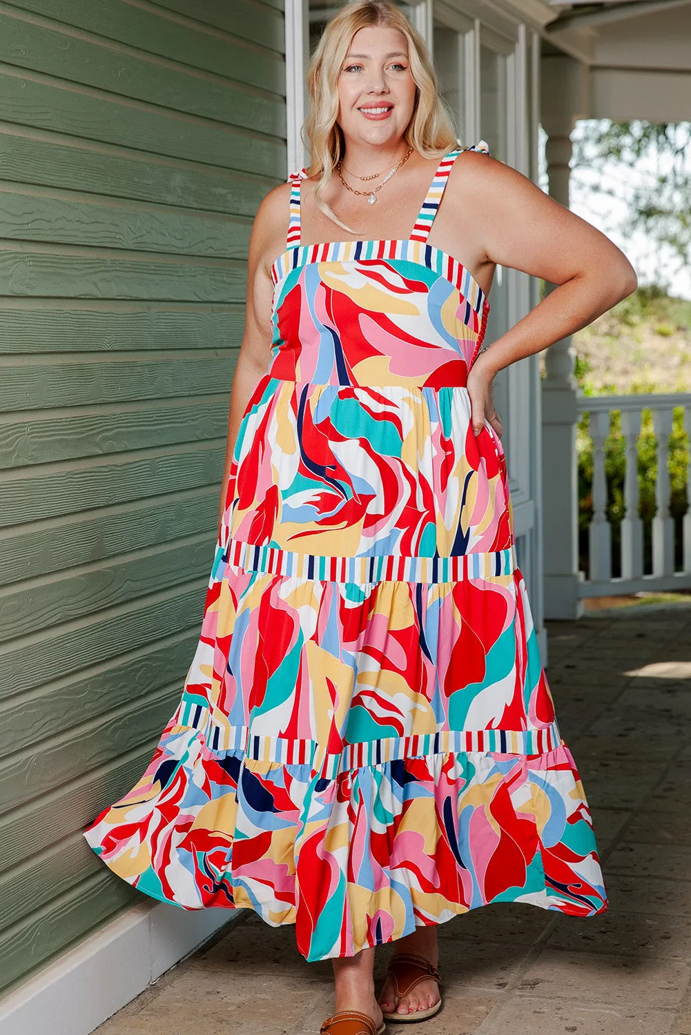 Multicolor Bohemian Abstract Print Tie Straps Maxi Dress