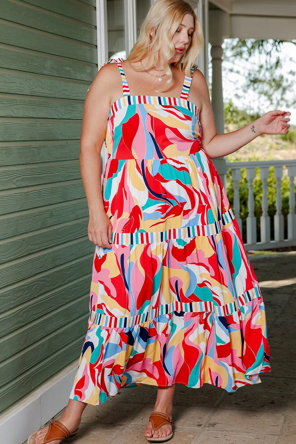 Multicolor Bohemian Abstract Print Tie Straps Maxi Dress