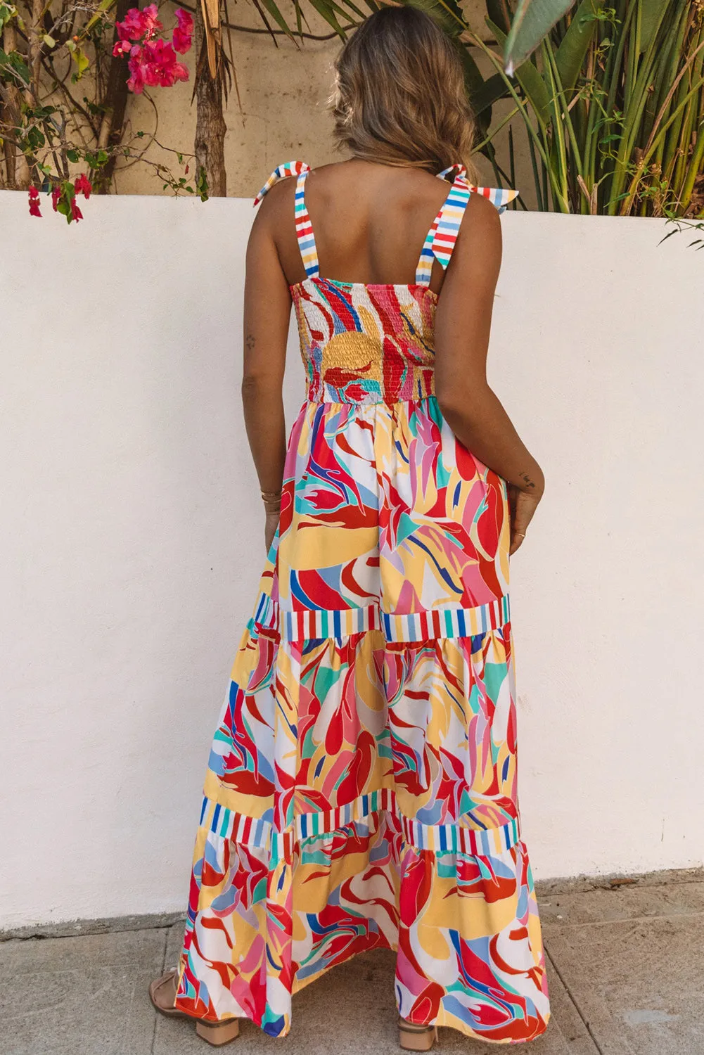 Multicolor Bohemian Abstract Print Tie Straps Maxi Dress