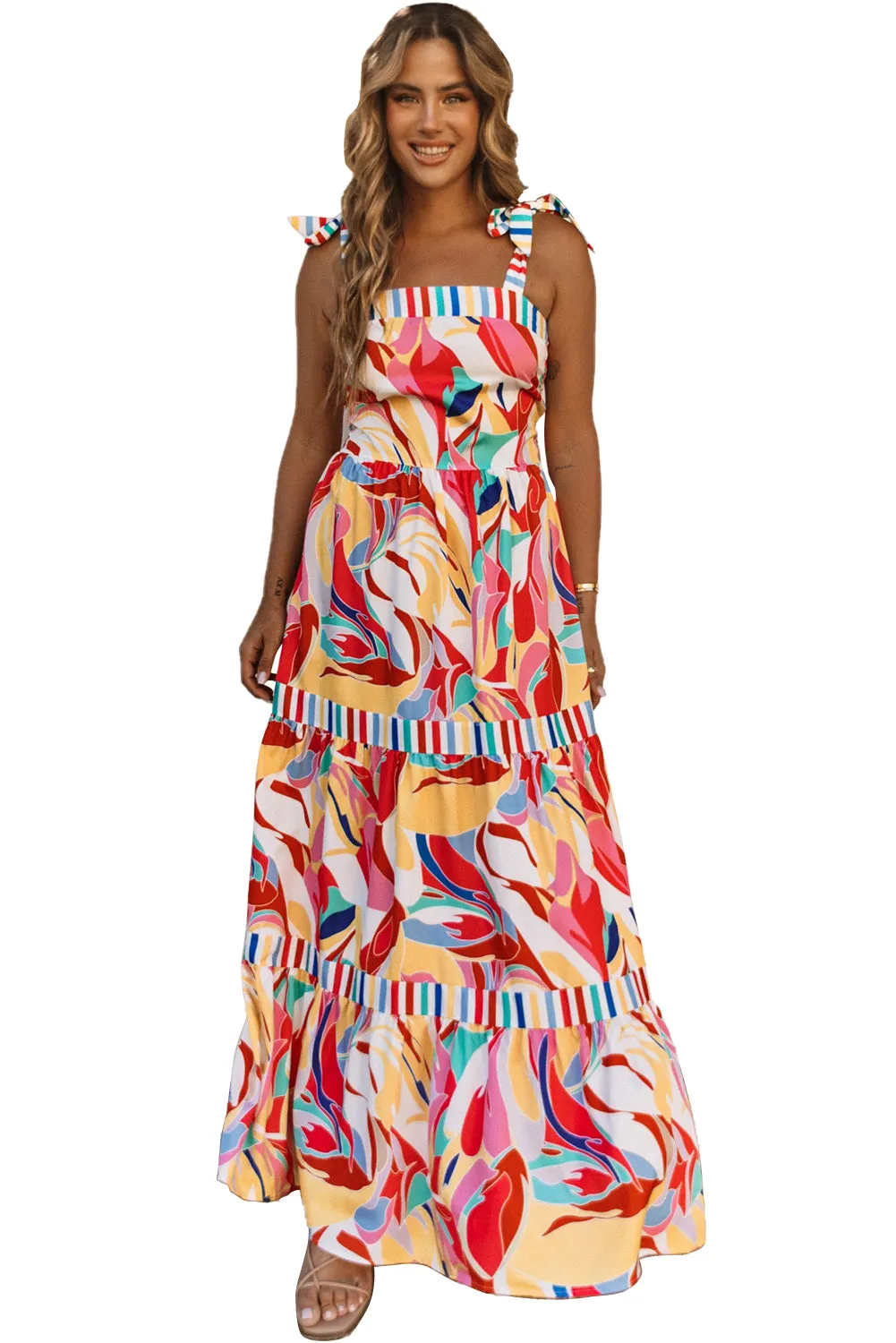 Multicolor Bohemian Abstract Print Tie Straps Maxi Dress