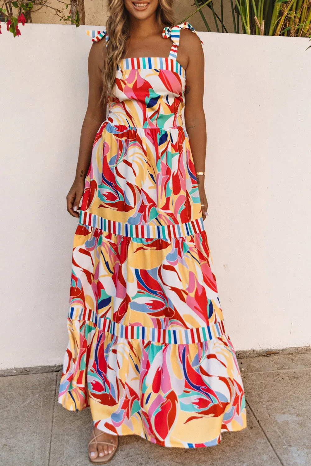 Multicolor Bohemian Abstract Print Tie Straps Maxi Dress