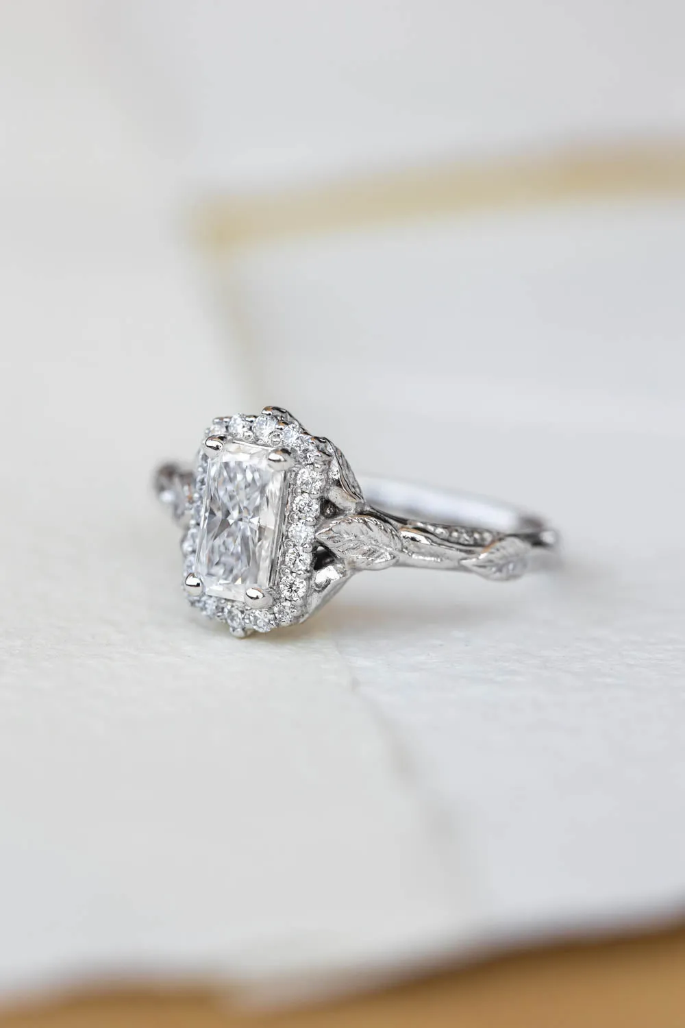 Nature inspired engagement ring with lab grown diamonds, gorgeous bridal ring with diamond halo / Florentina