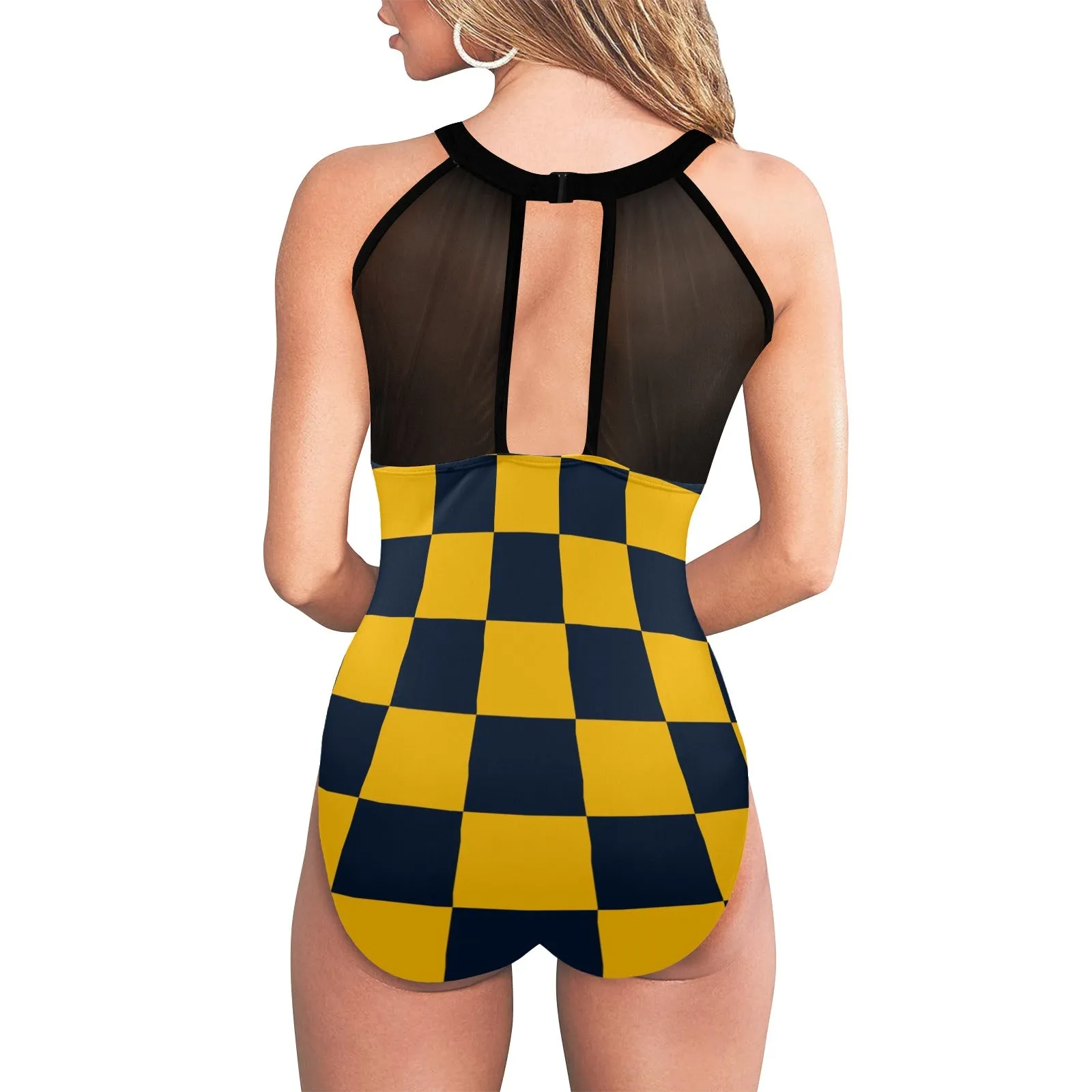 navy blue gold checkered print Women's High Neck Plunge Mesh Ruched Swimsuit (S43)