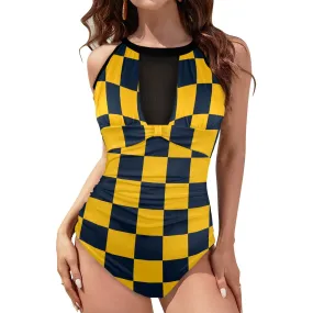 navy blue gold checkered print Women's High Neck Plunge Mesh Ruched Swimsuit (S43)