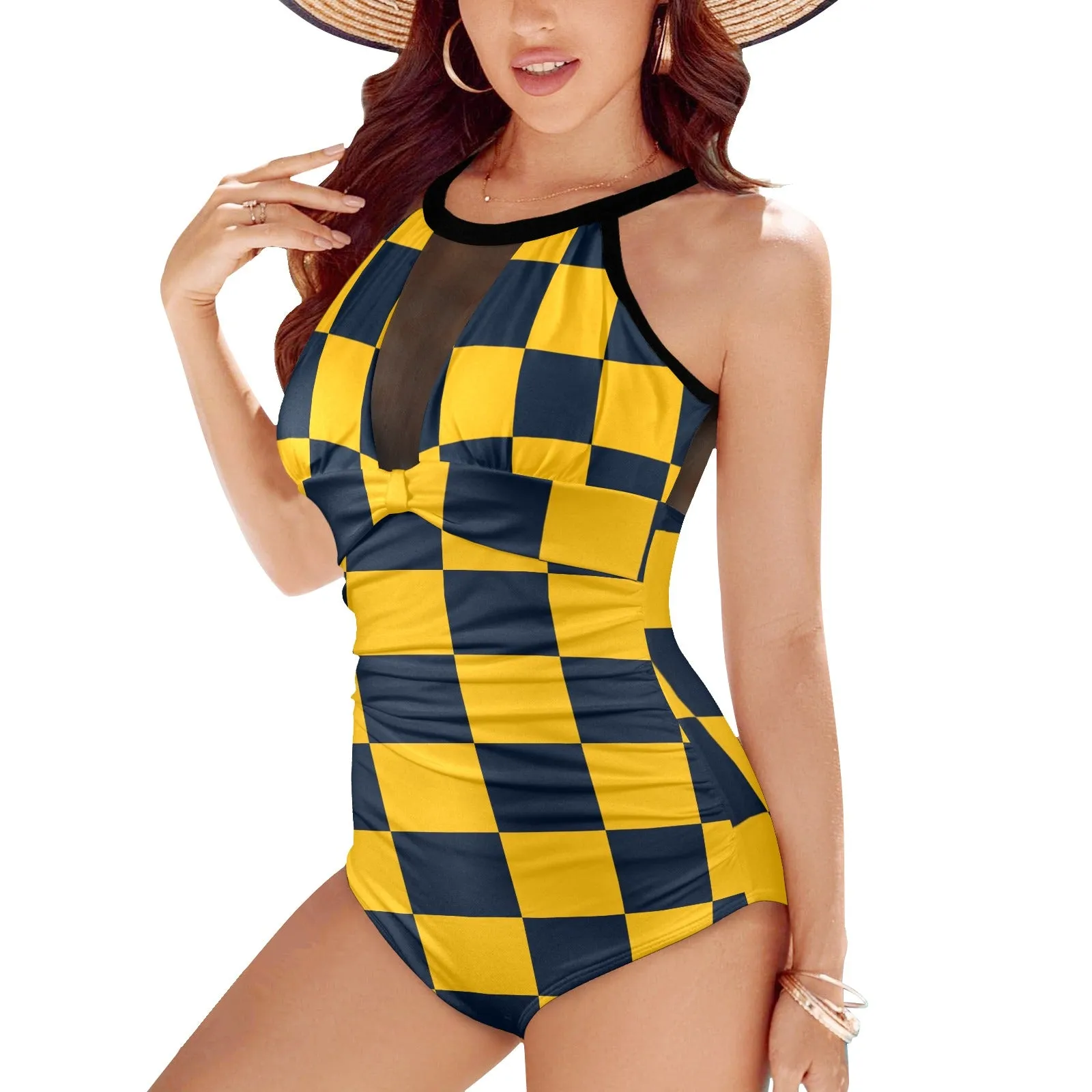 navy blue gold checkered print Women's High Neck Plunge Mesh Ruched Swimsuit (S43)