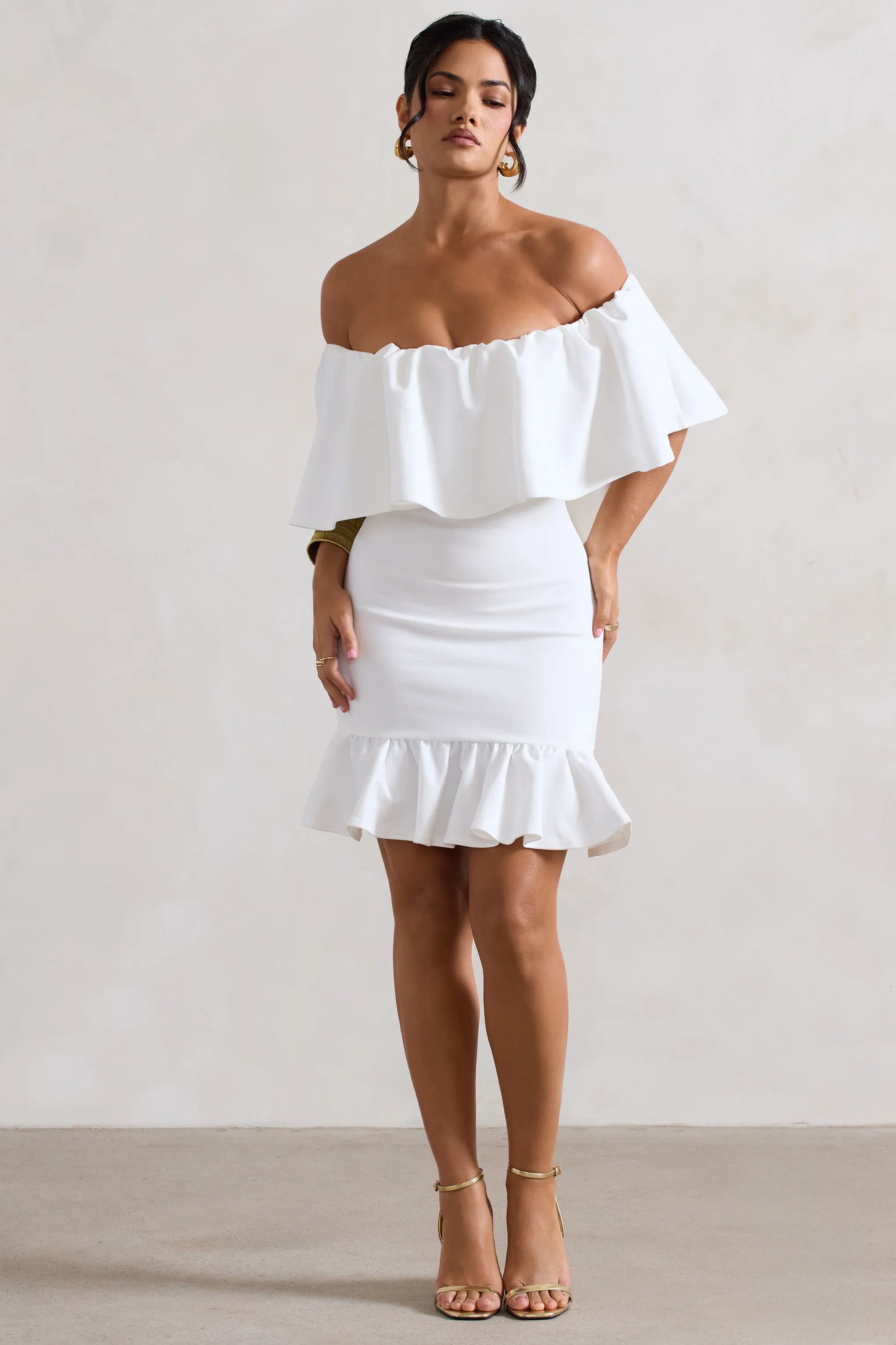 Neha | White Ruffled Bardot Mini Dress