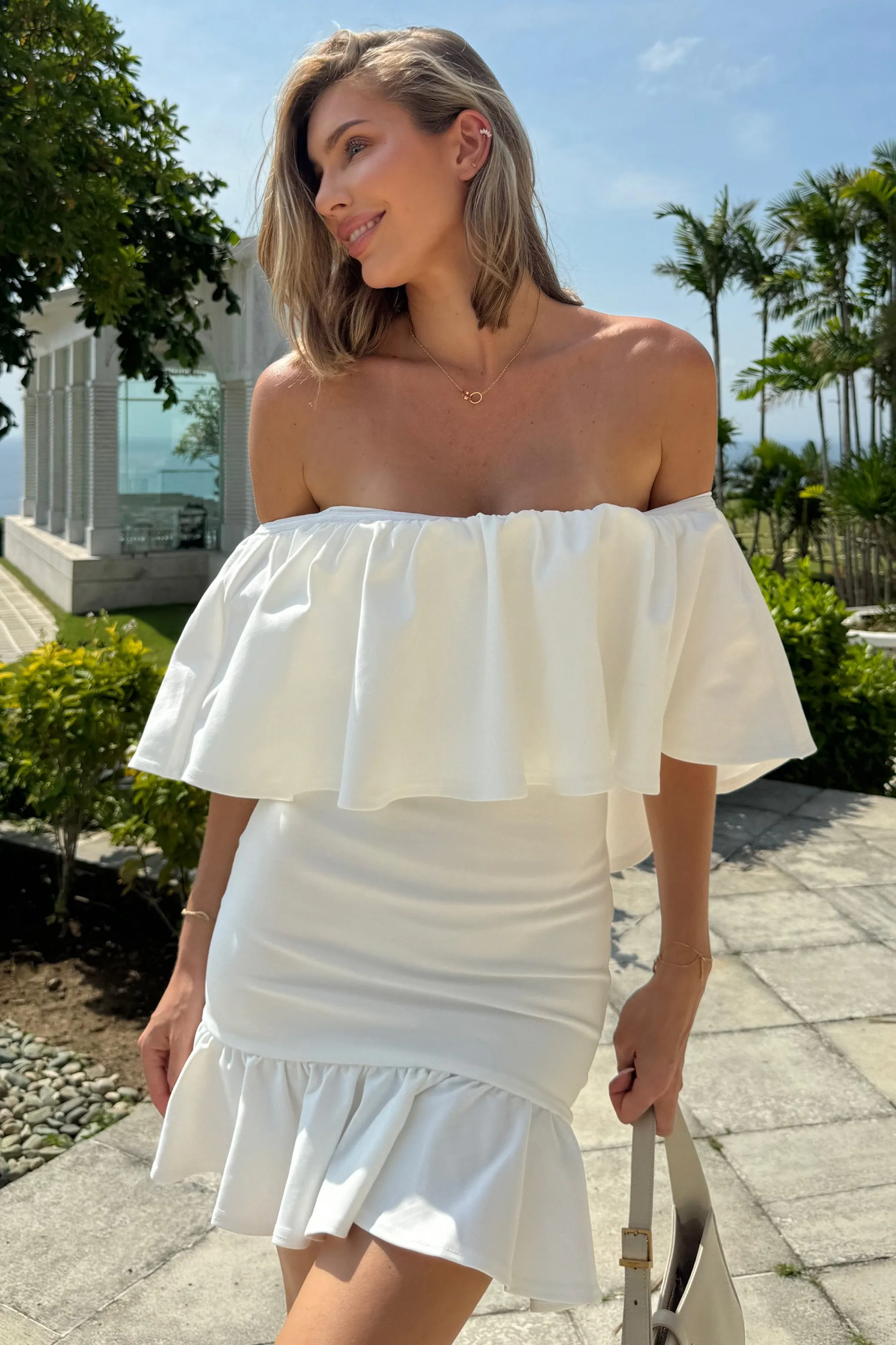 Neha | White Ruffled Bardot Mini Dress