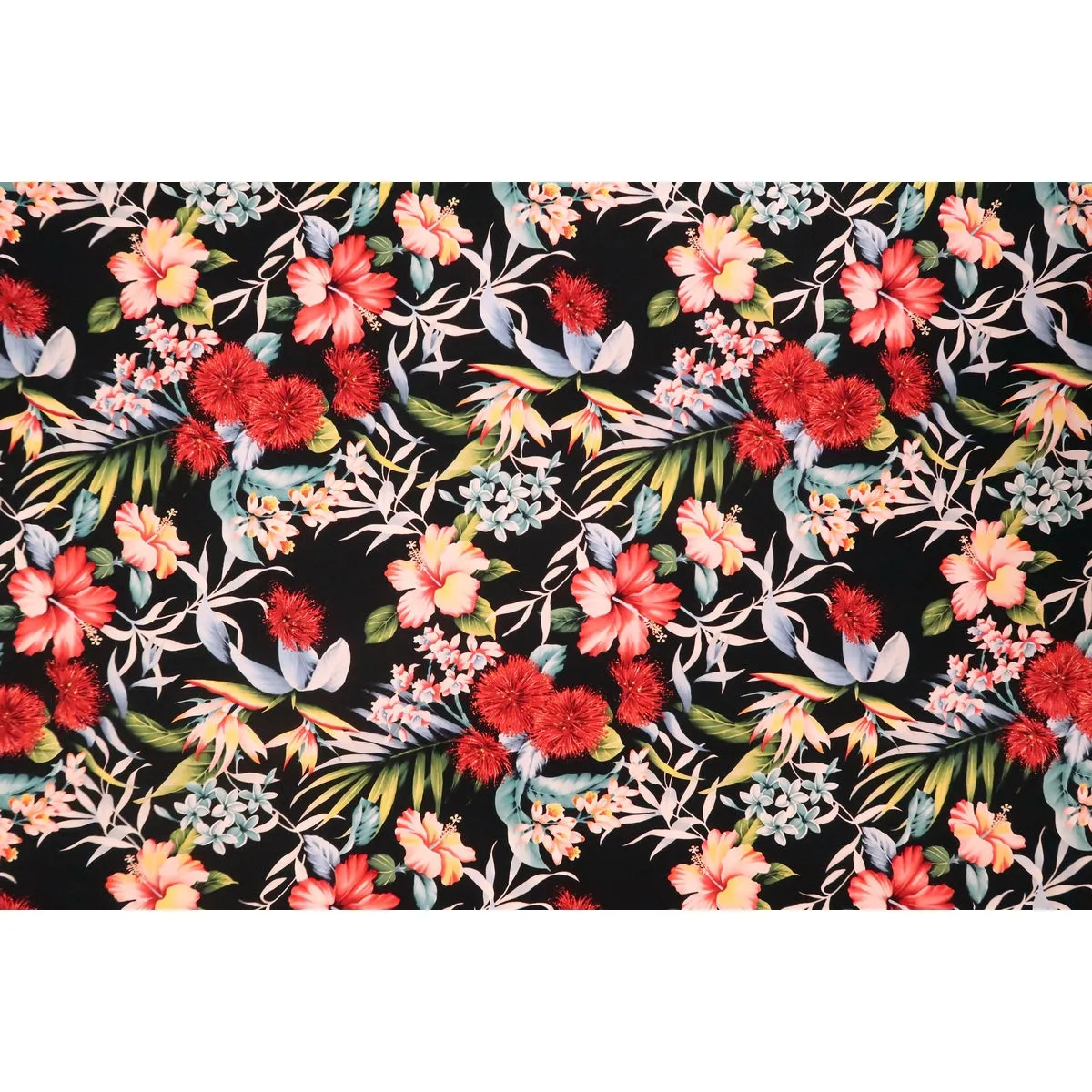 Ohia Lehua and Hibiscus Fabric | Black BLK-0012C