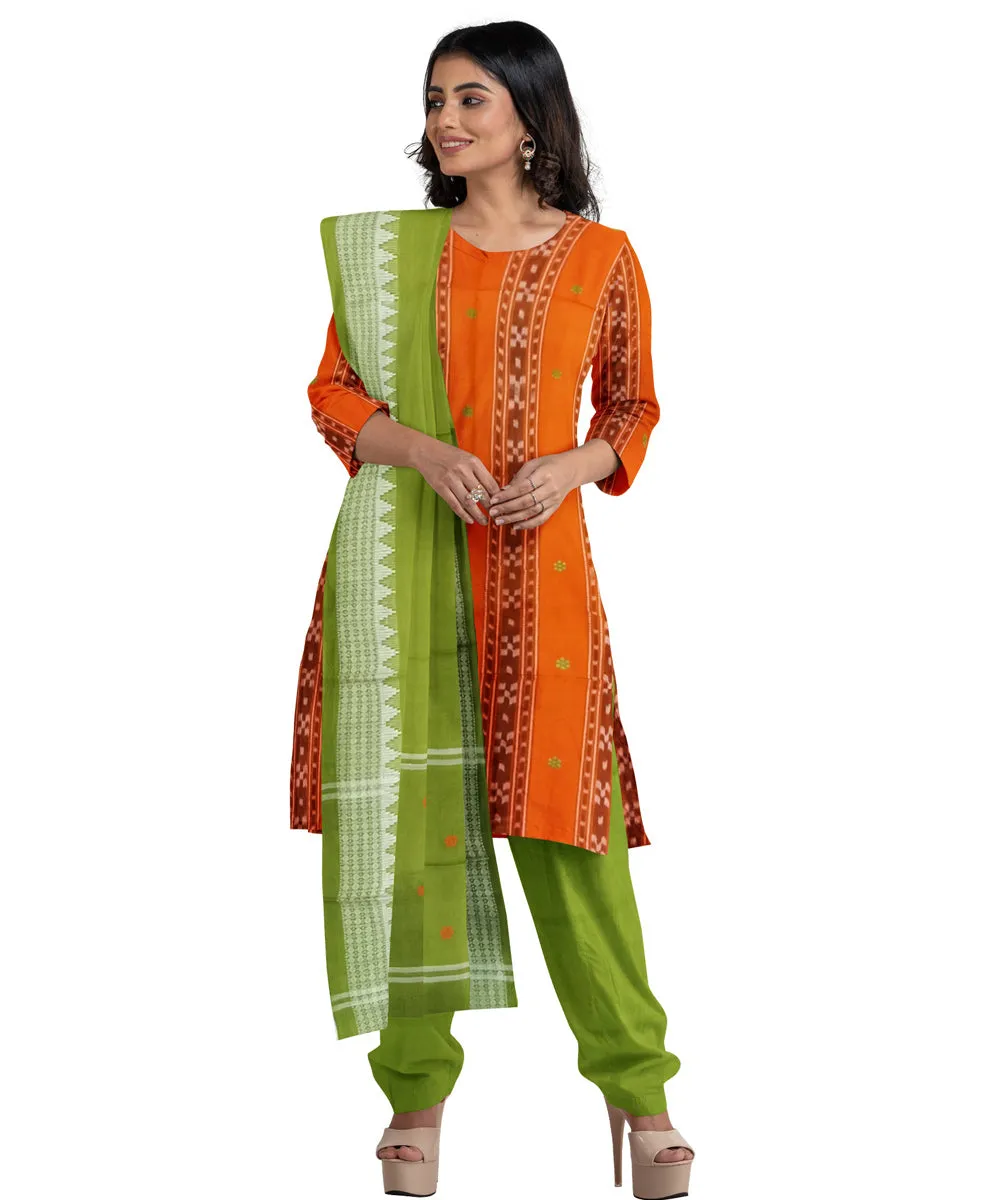 Orange olive green hand woven cotton nuapatna dress material