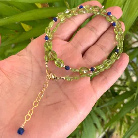 Peridot and Lapis Lazuli Dainty Short Necklace, Gold Filled, 16inches, August Birthstone