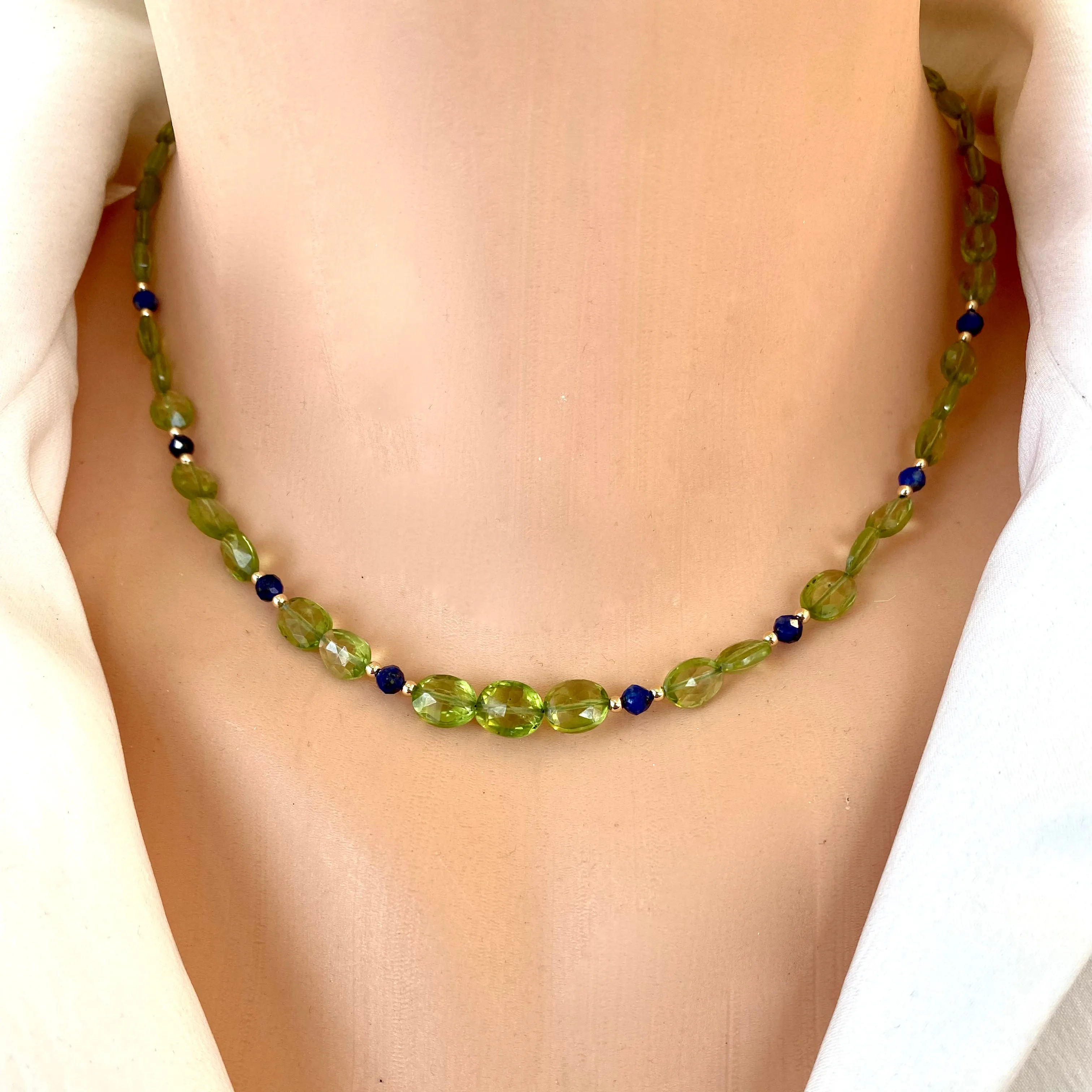 Peridot and Lapis Lazuli Dainty Short Necklace, Gold Filled, 16inches, August Birthstone