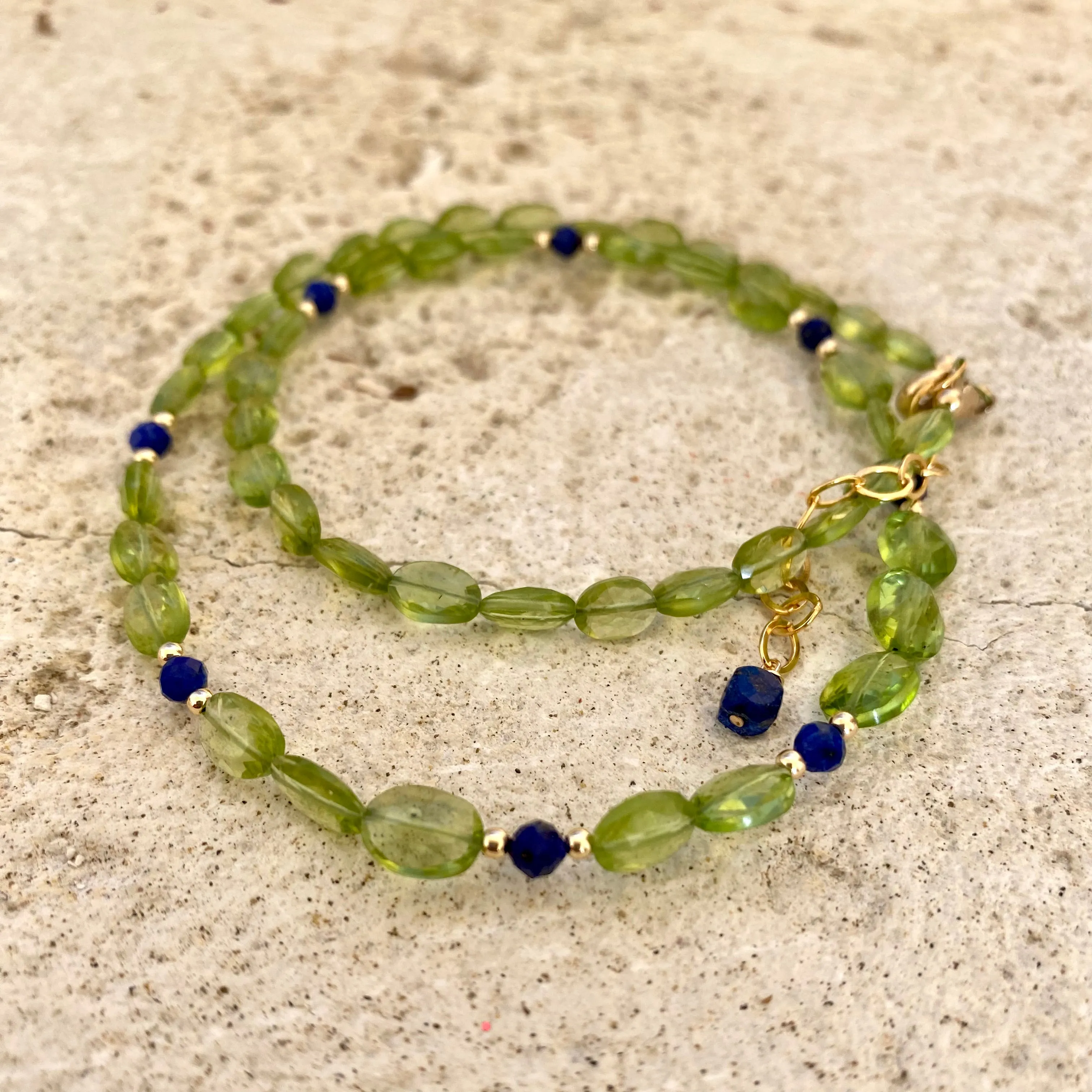 Peridot and Lapis Lazuli Dainty Short Necklace, Gold Filled, 16inches, August Birthstone