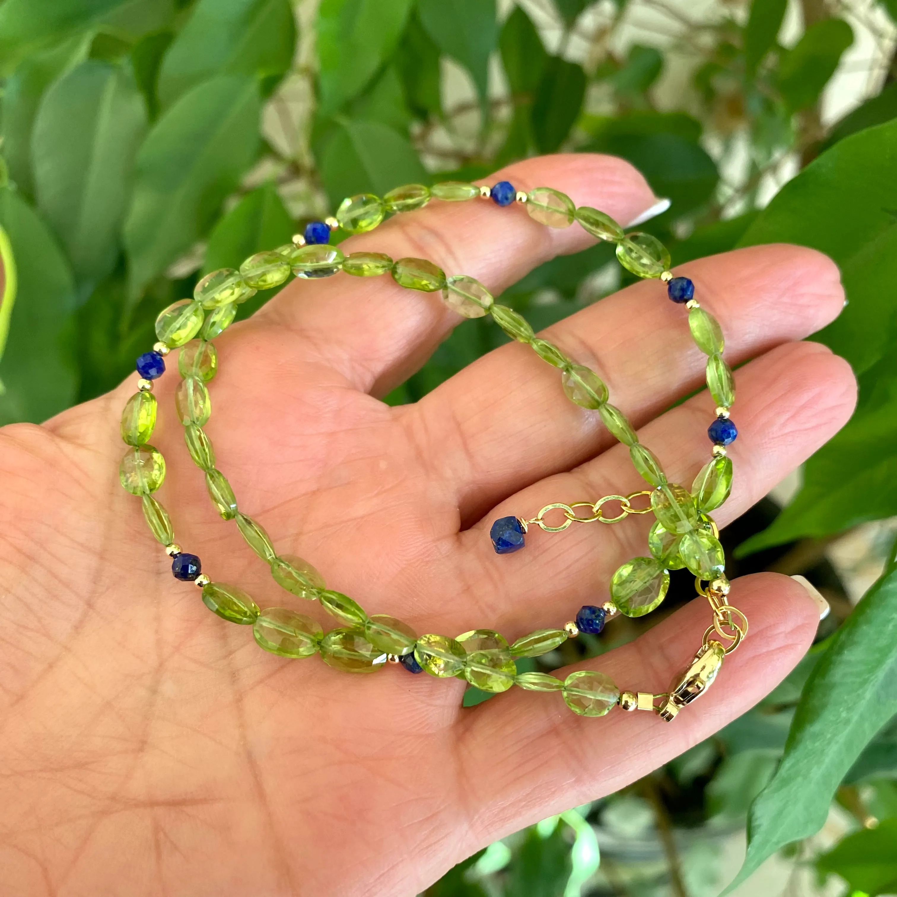 Peridot and Lapis Lazuli Dainty Short Necklace, Gold Filled, 16inches, August Birthstone