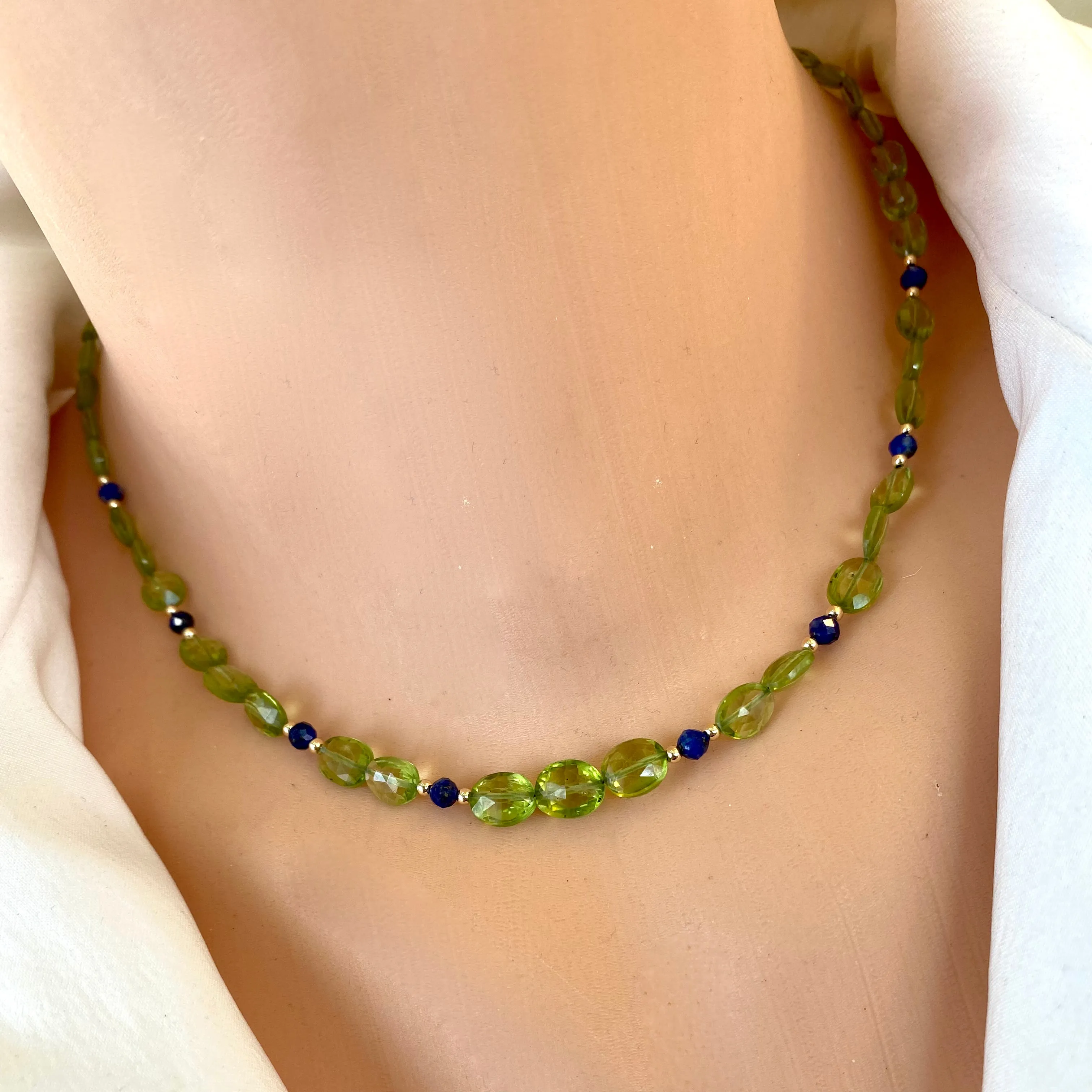 Peridot and Lapis Lazuli Dainty Short Necklace, Gold Filled, 16inches, August Birthstone