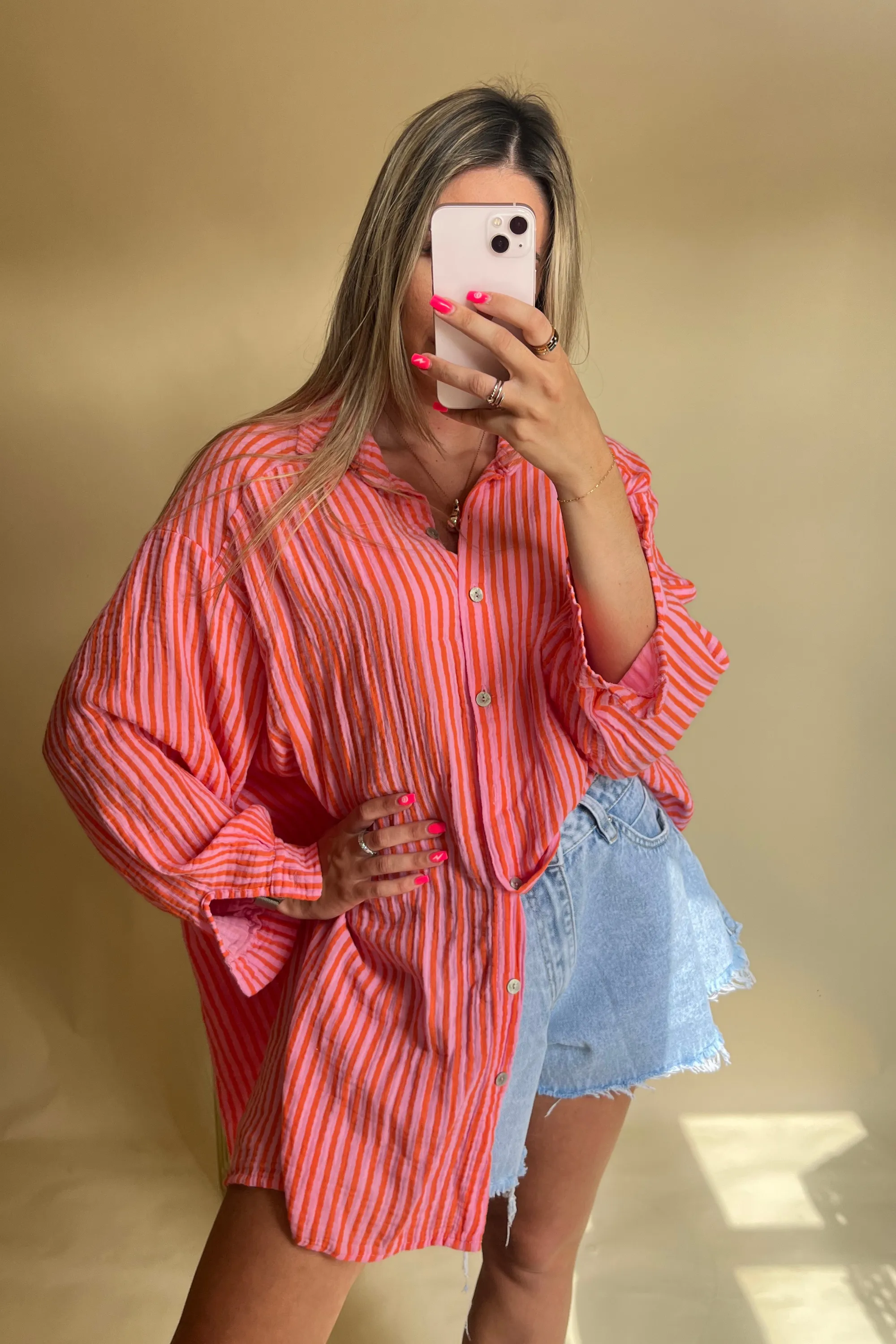 Pink & Orange stripe cheesecloth shirt