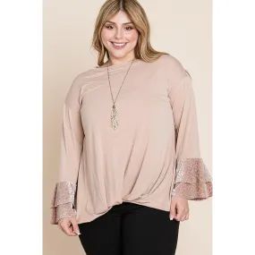 Plus Size Two Tier Velvet Animal Mesh Sleeves Solid Knit Top