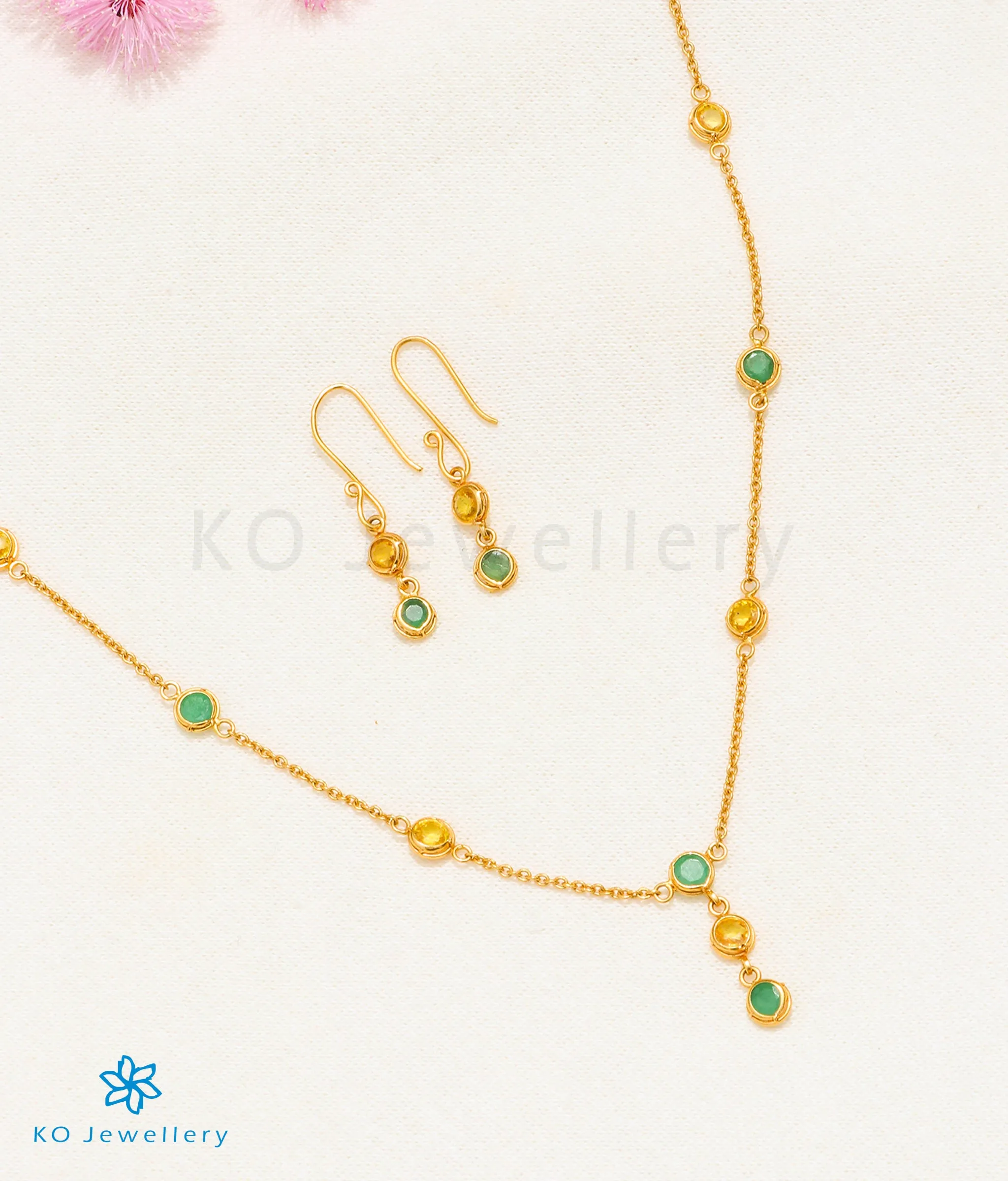 Precious Emerald & Peridot Necklace & Earrings in 22 KT Gold