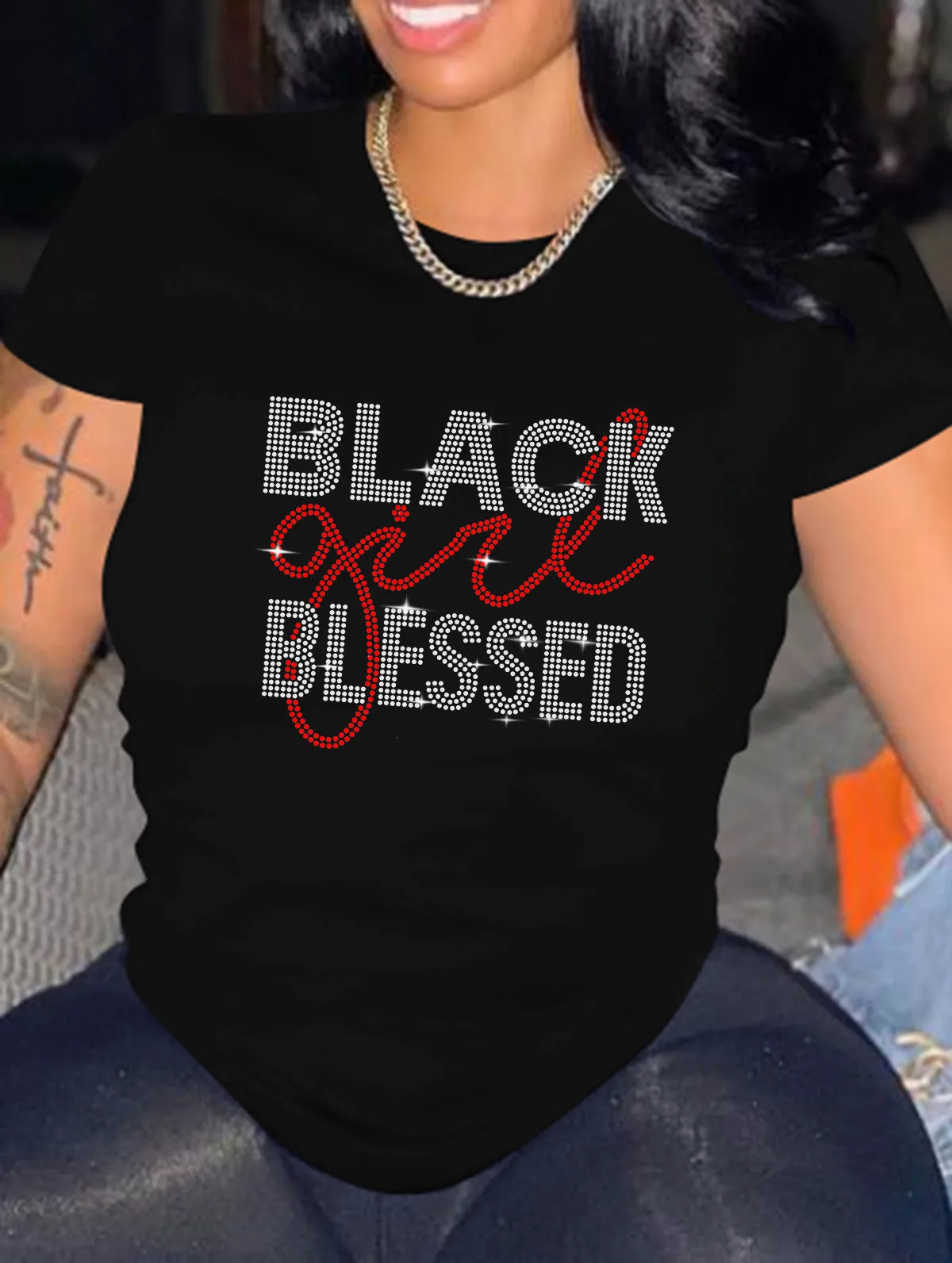 Rhinestone Black Girl Blessed Tee