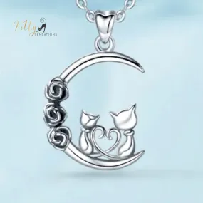 Roses and Moon Cat Couple Necklace in Solid 925 Sterling Silver