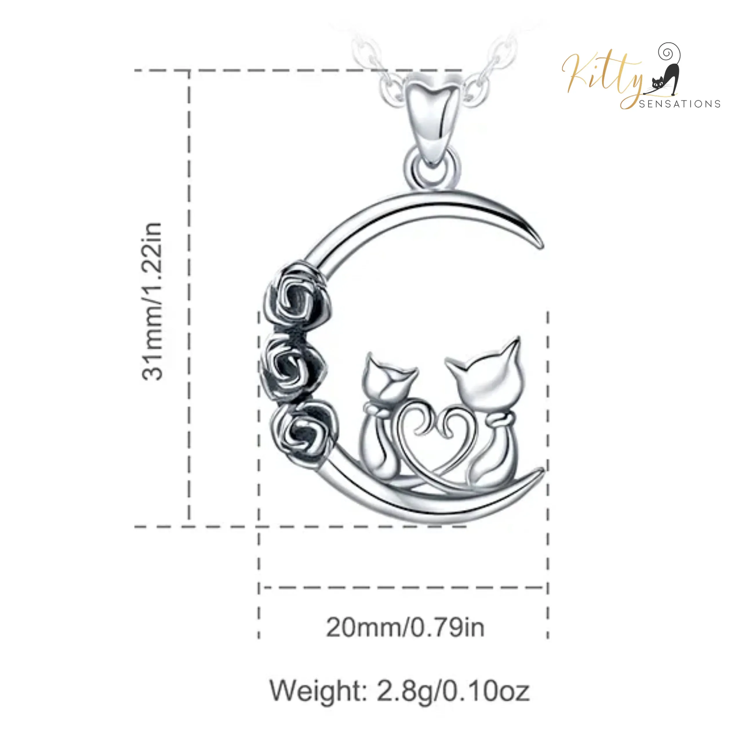 Roses and Moon Cat Couple Necklace in Solid 925 Sterling Silver