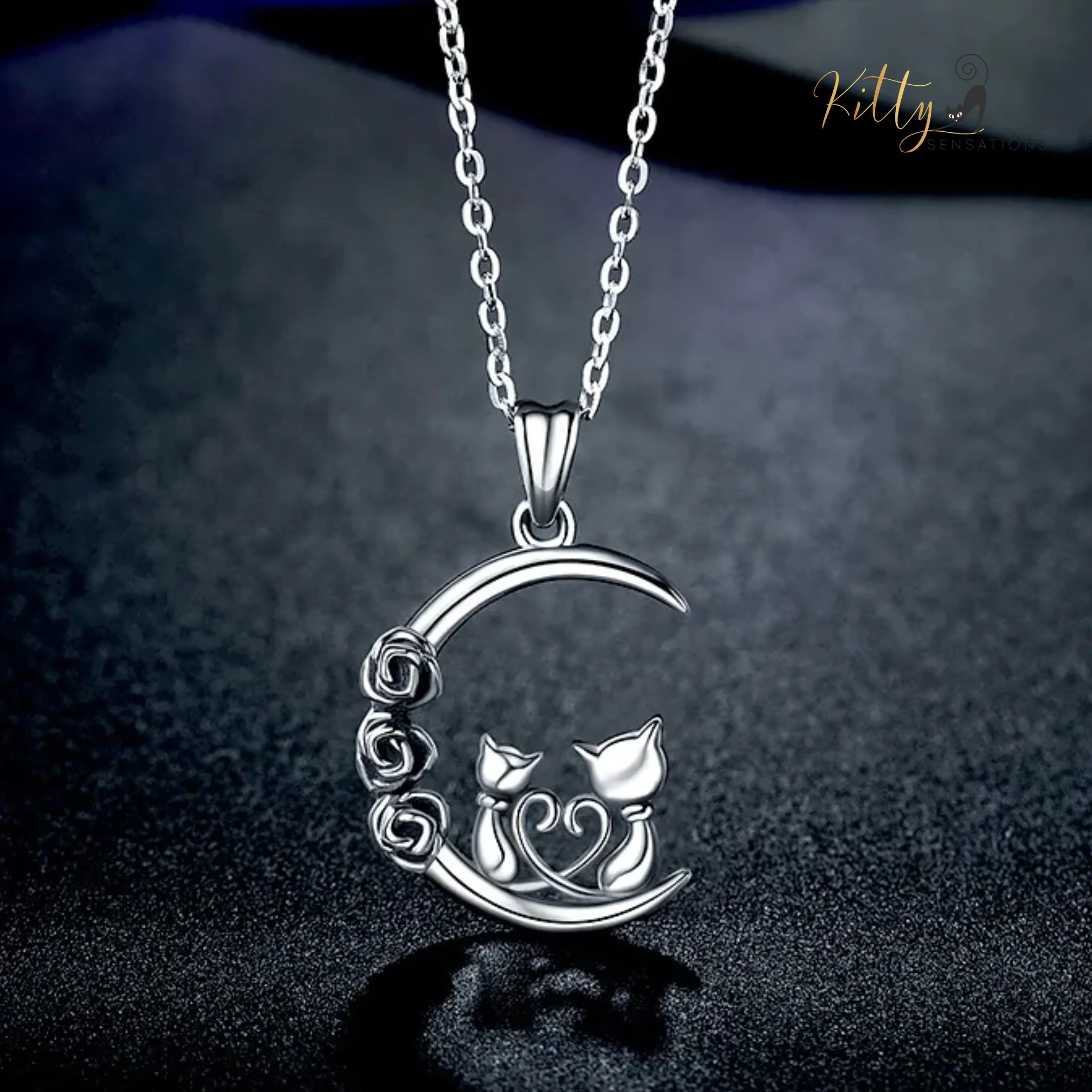 Roses and Moon Cat Couple Necklace in Solid 925 Sterling Silver