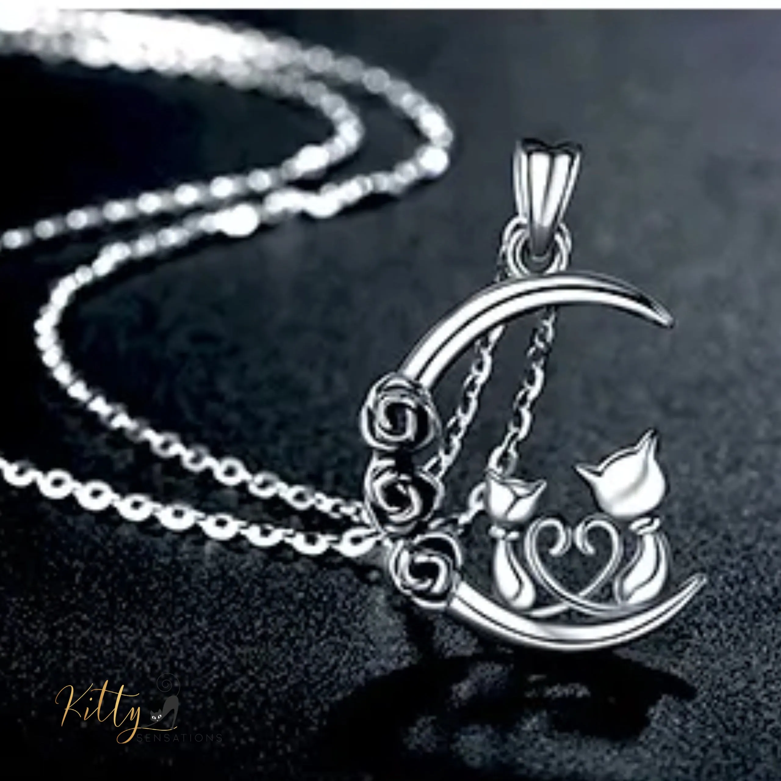 Roses and Moon Cat Couple Necklace in Solid 925 Sterling Silver