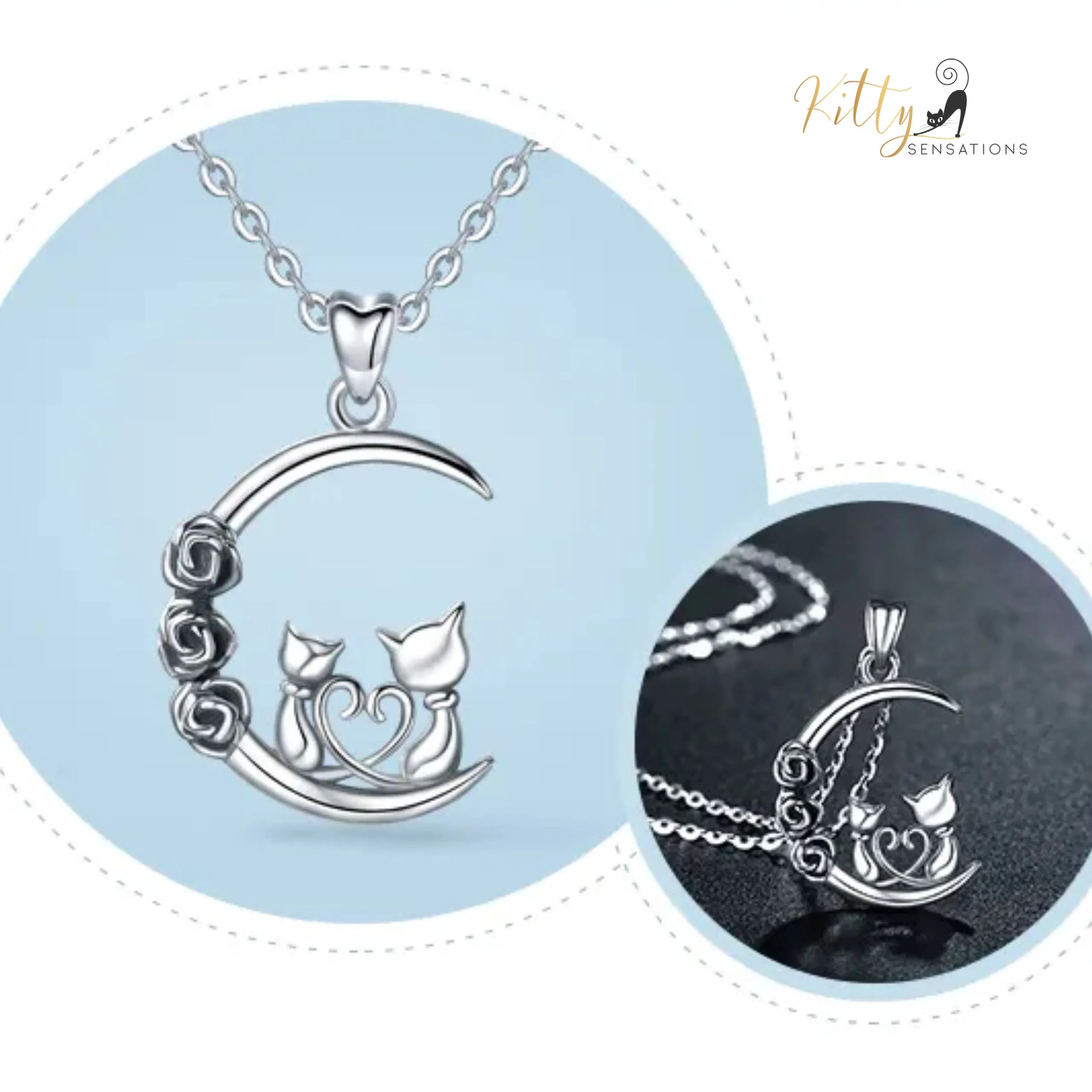 Roses and Moon Cat Couple Necklace in Solid 925 Sterling Silver