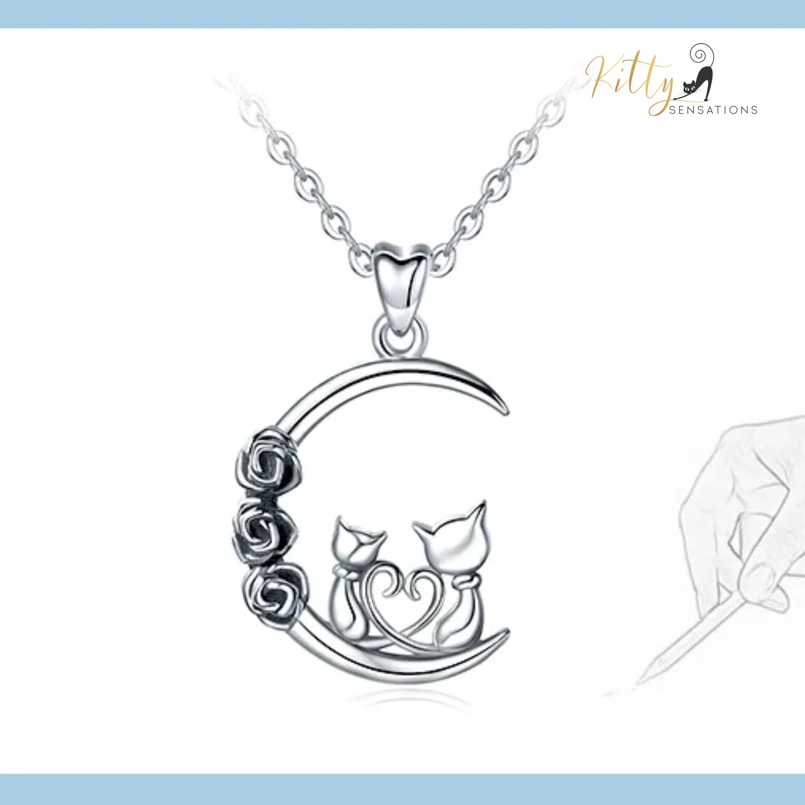 Roses and Moon Cat Couple Necklace in Solid 925 Sterling Silver