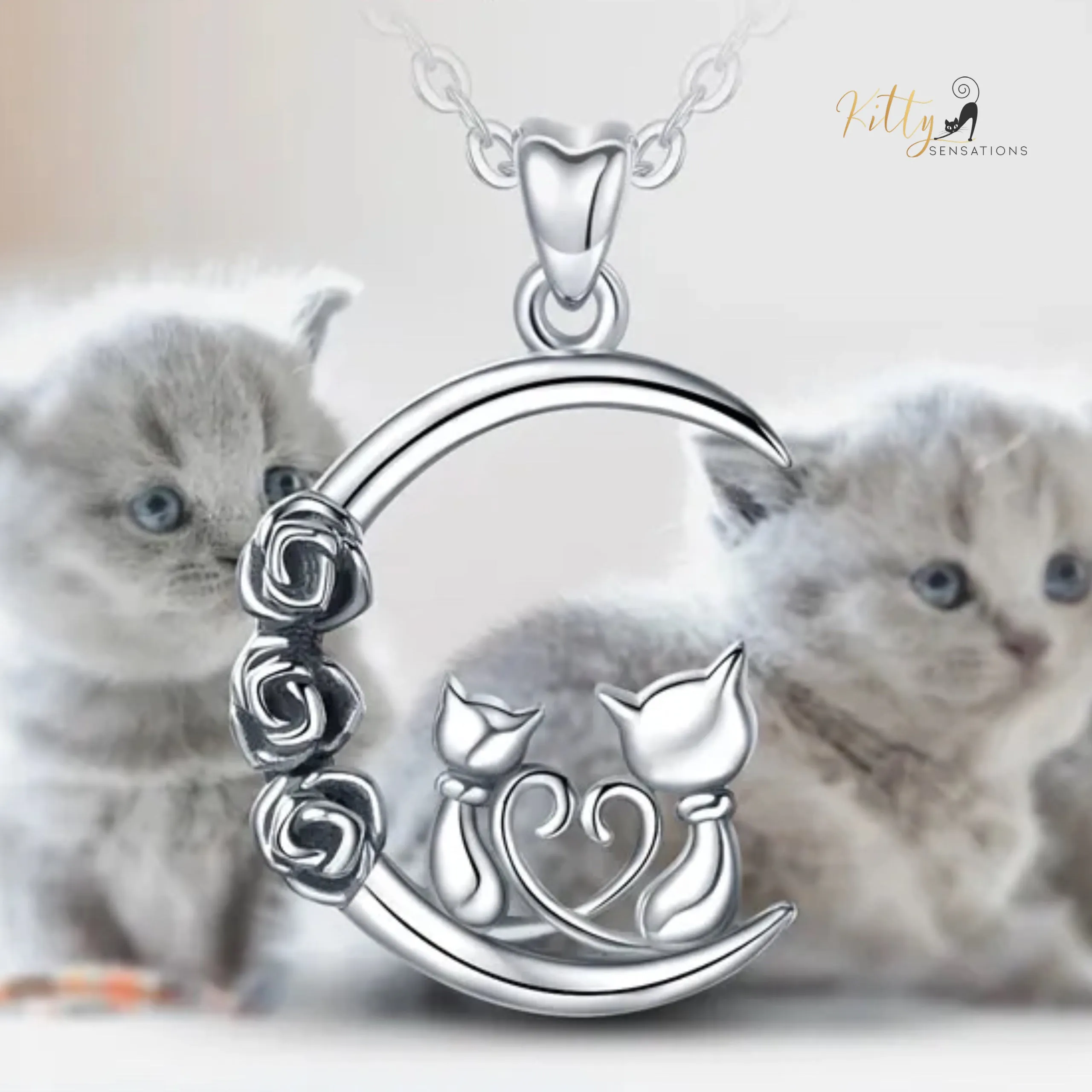 Roses and Moon Cat Couple Necklace in Solid 925 Sterling Silver