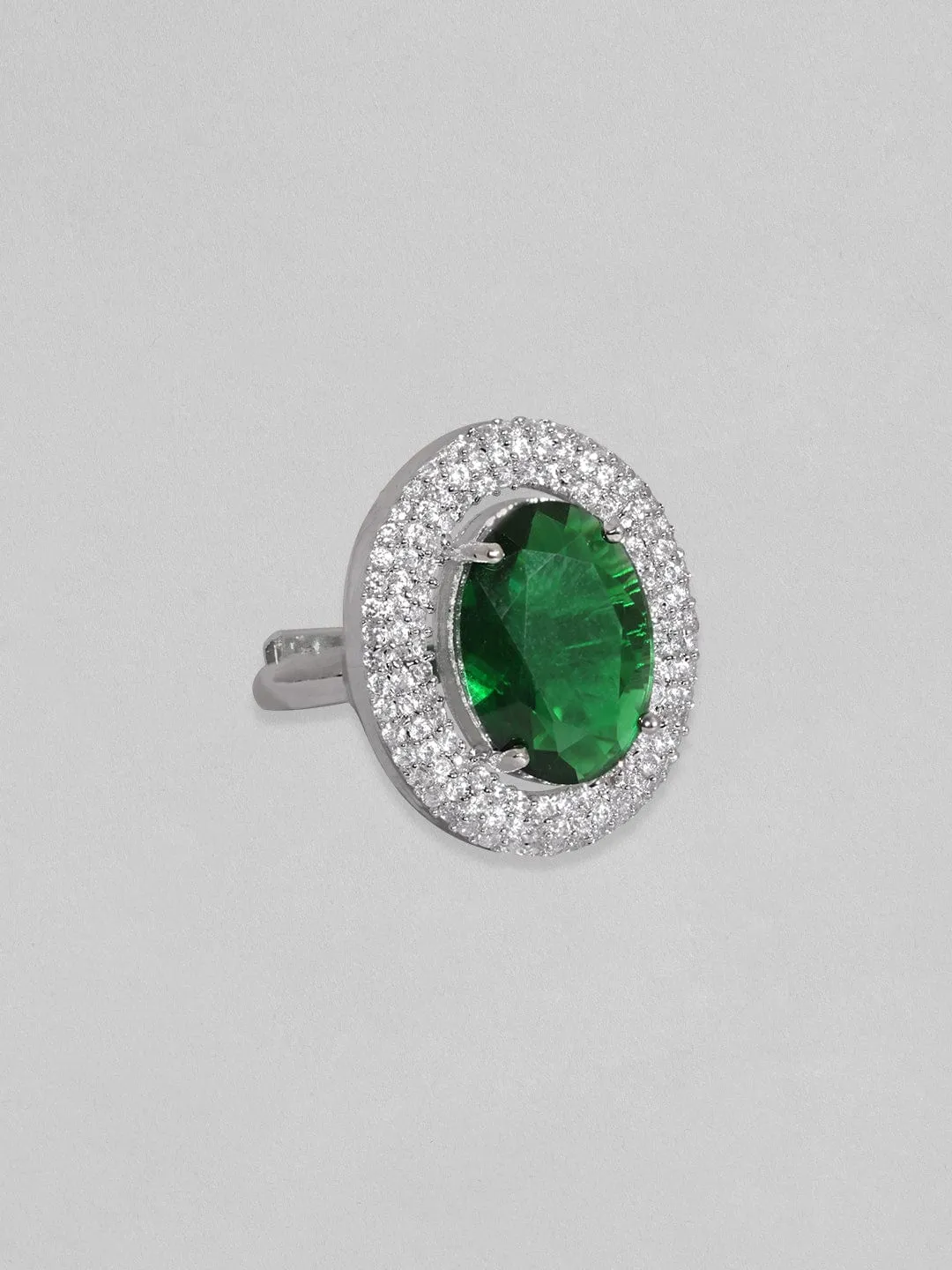 Rubans Rhodium Plated Premium White & Emerald Zircons Adjustable Ring.