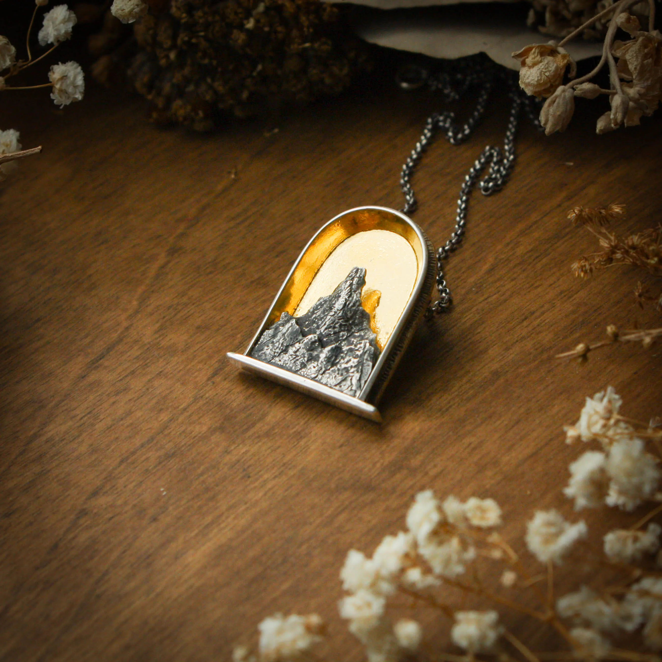 Sacred Mountain Sterling Silver and 24k Gold Shrine Pendant