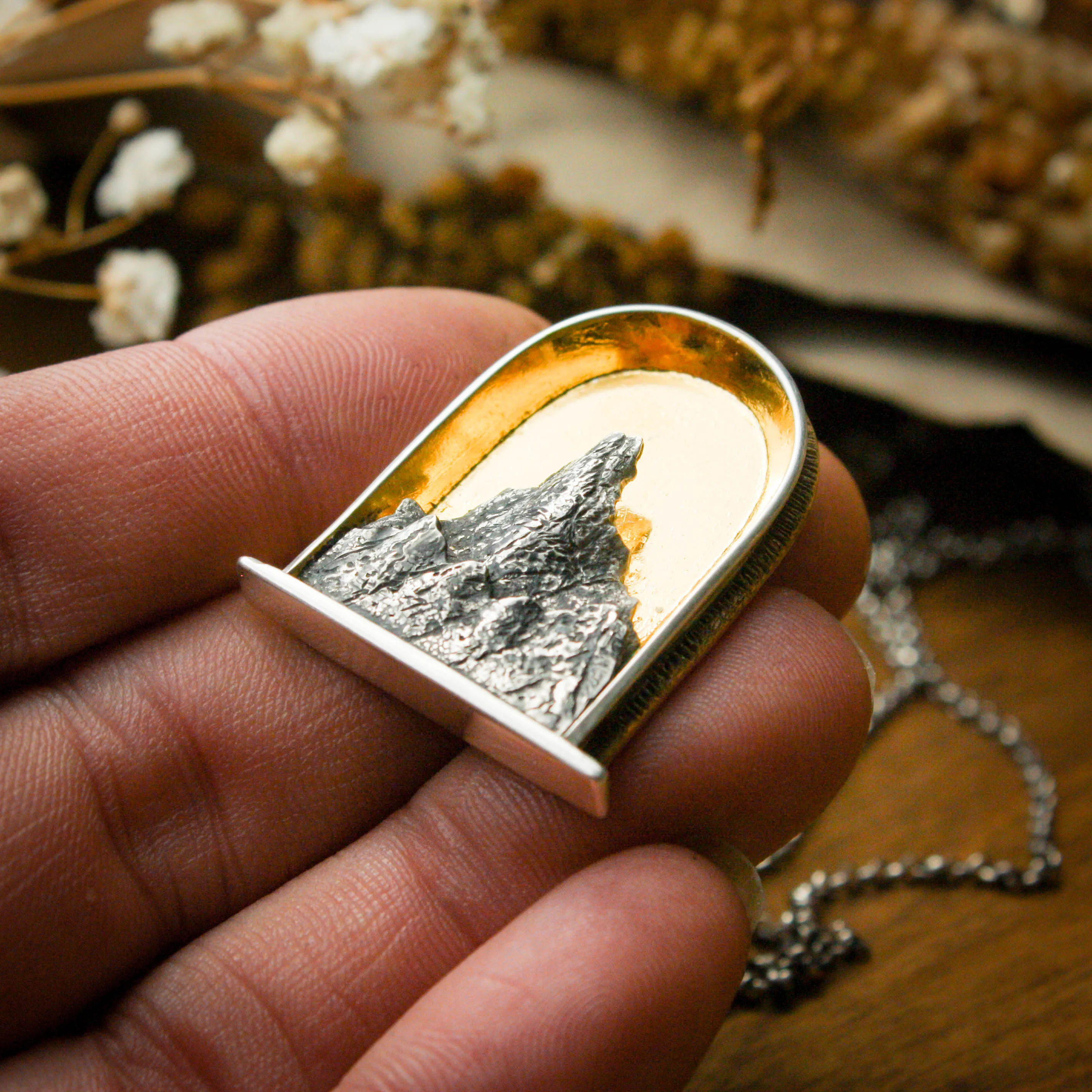 Sacred Mountain Sterling Silver and 24k Gold Shrine Pendant