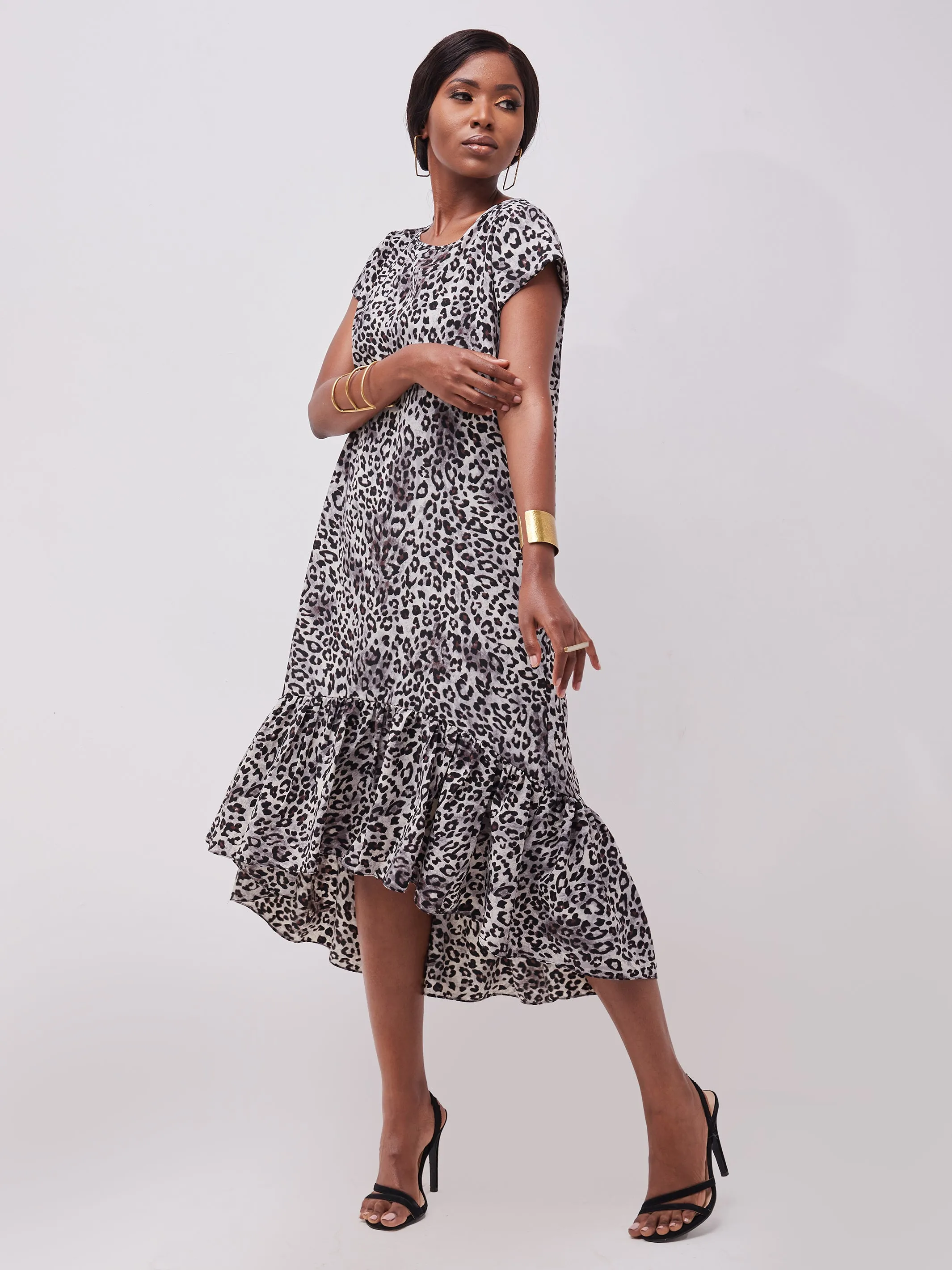 Safari Ayana Cap Sleeved High Low Tent Dress - Grey Cheetah Print