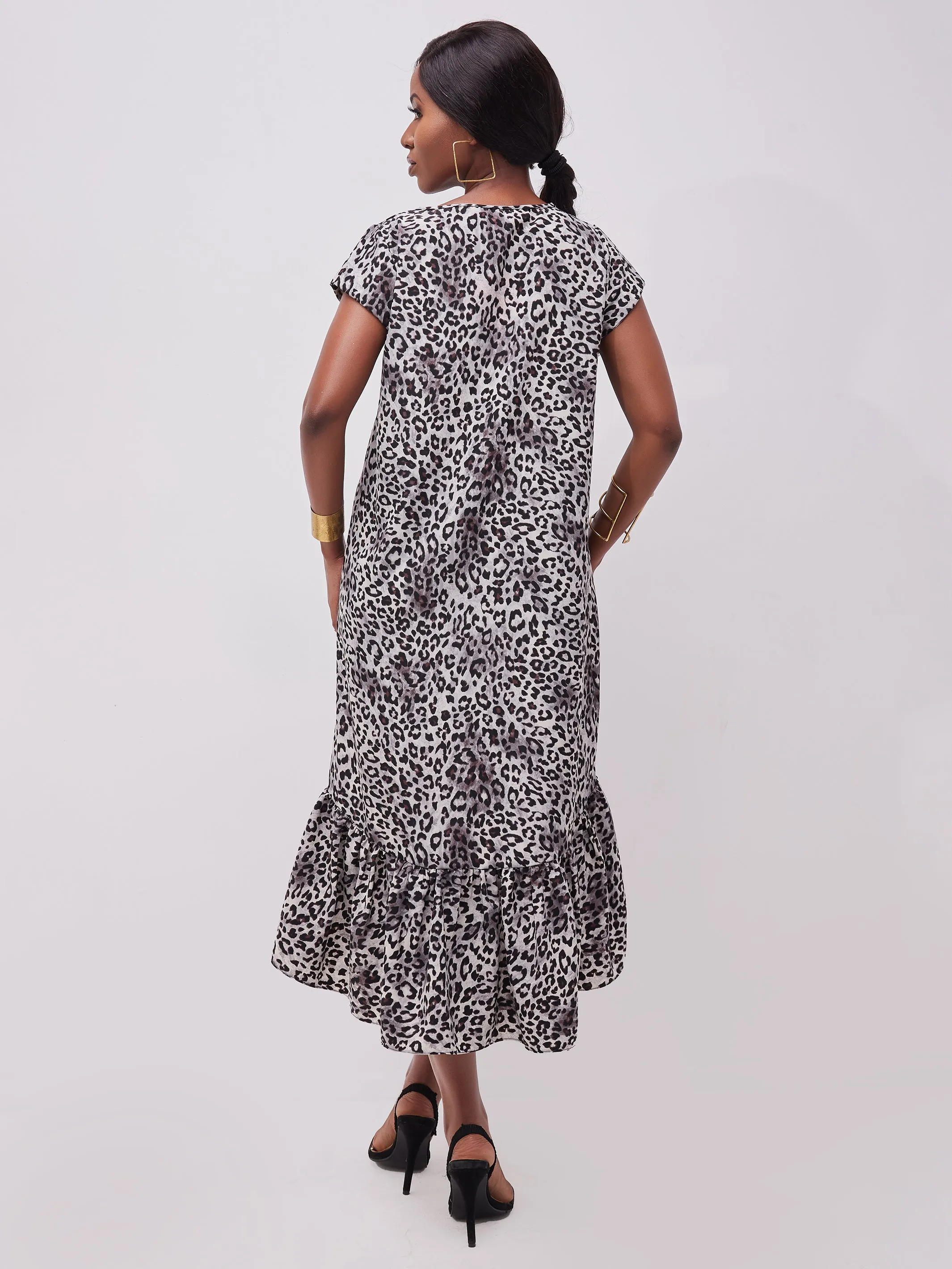 Safari Ayana Cap Sleeved High Low Tent Dress - Grey Cheetah Print