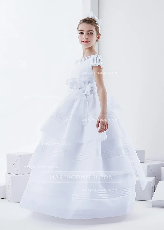 Short Sleeve Ball Gown Floor-length Three-Tiers Skirt Long Organza First Communion Dress with Bow