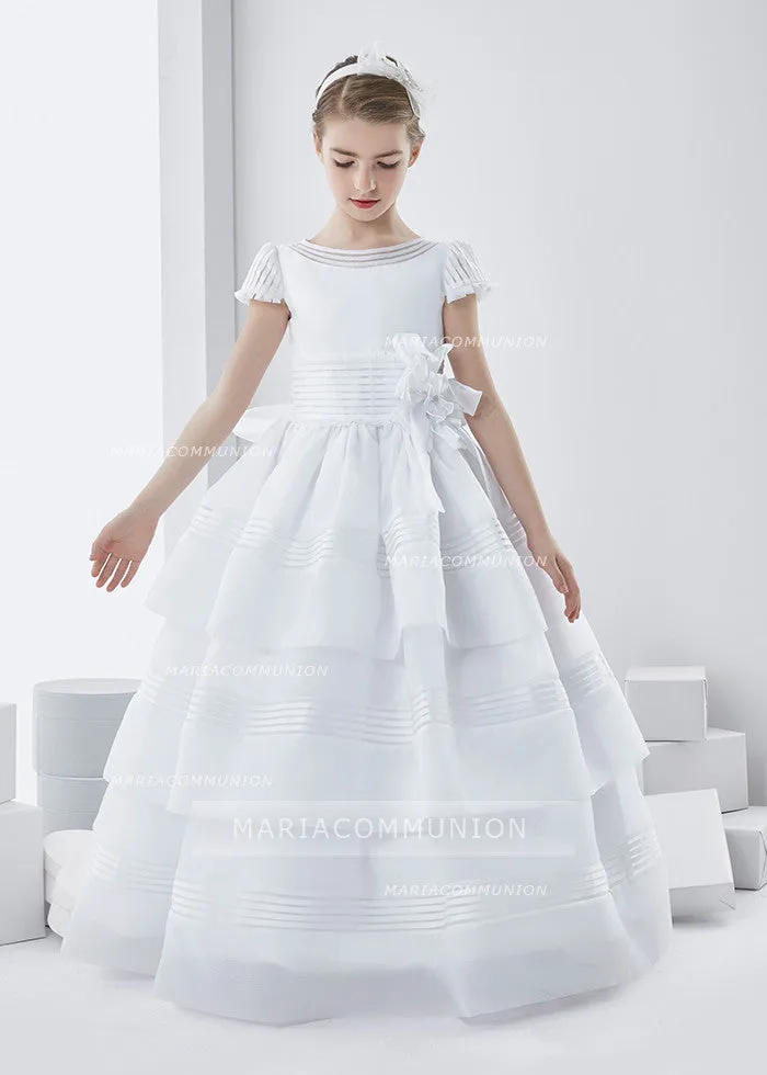 Short Sleeve Ball Gown Floor-length Three-Tiers Skirt Long Organza First Communion Dress with Bow