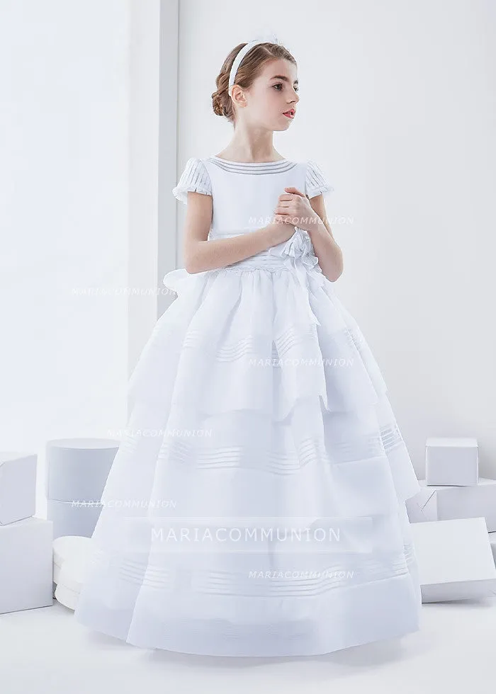 Short Sleeve Ball Gown Floor-length Three-Tiers Skirt Long Organza First Communion Dress with Bow