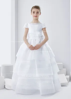 Short Sleeve Ball Gown Floor-length Three-Tiers Skirt Long Organza First Communion Dress with Bow