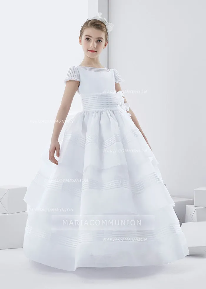 Short Sleeve Ball Gown Floor-length Three-Tiers Skirt Long Organza First Communion Dress with Bow