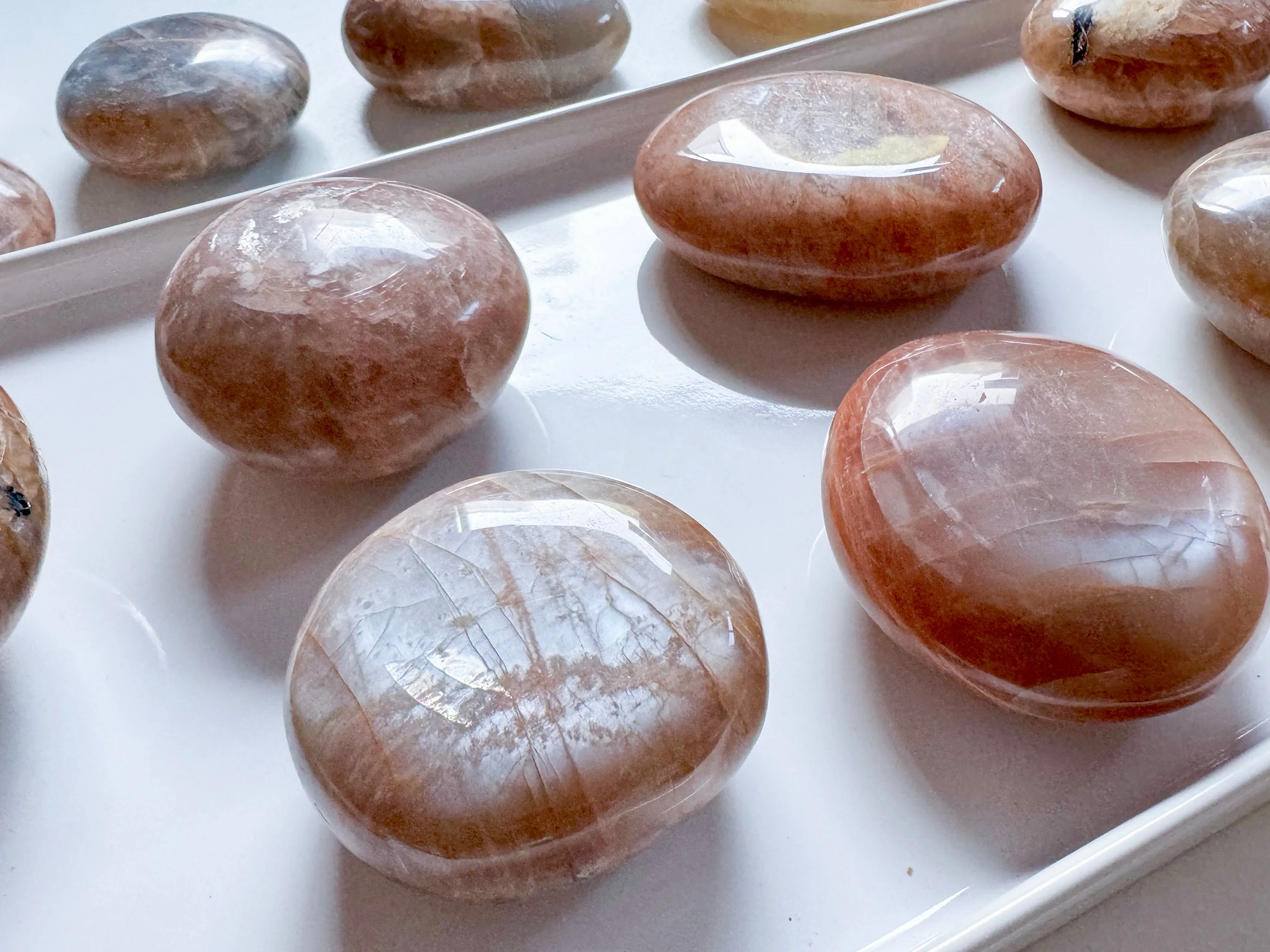 Silver Flash Peach Moonstone Palm Stone || Madagascar