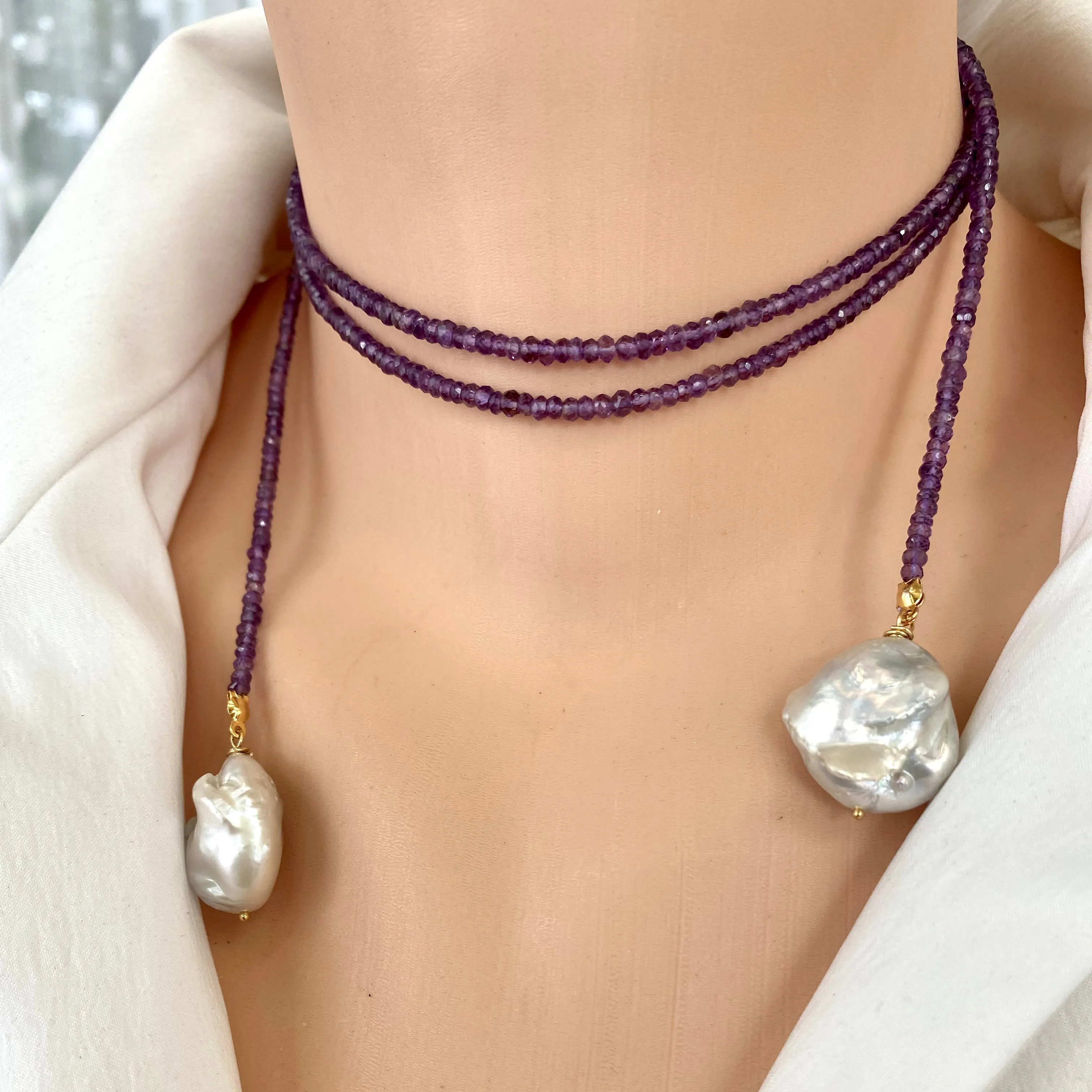 Single Strand of Amethyst & two Baroque Pearls Lariat Necklace, February Birthstone, 42.5in